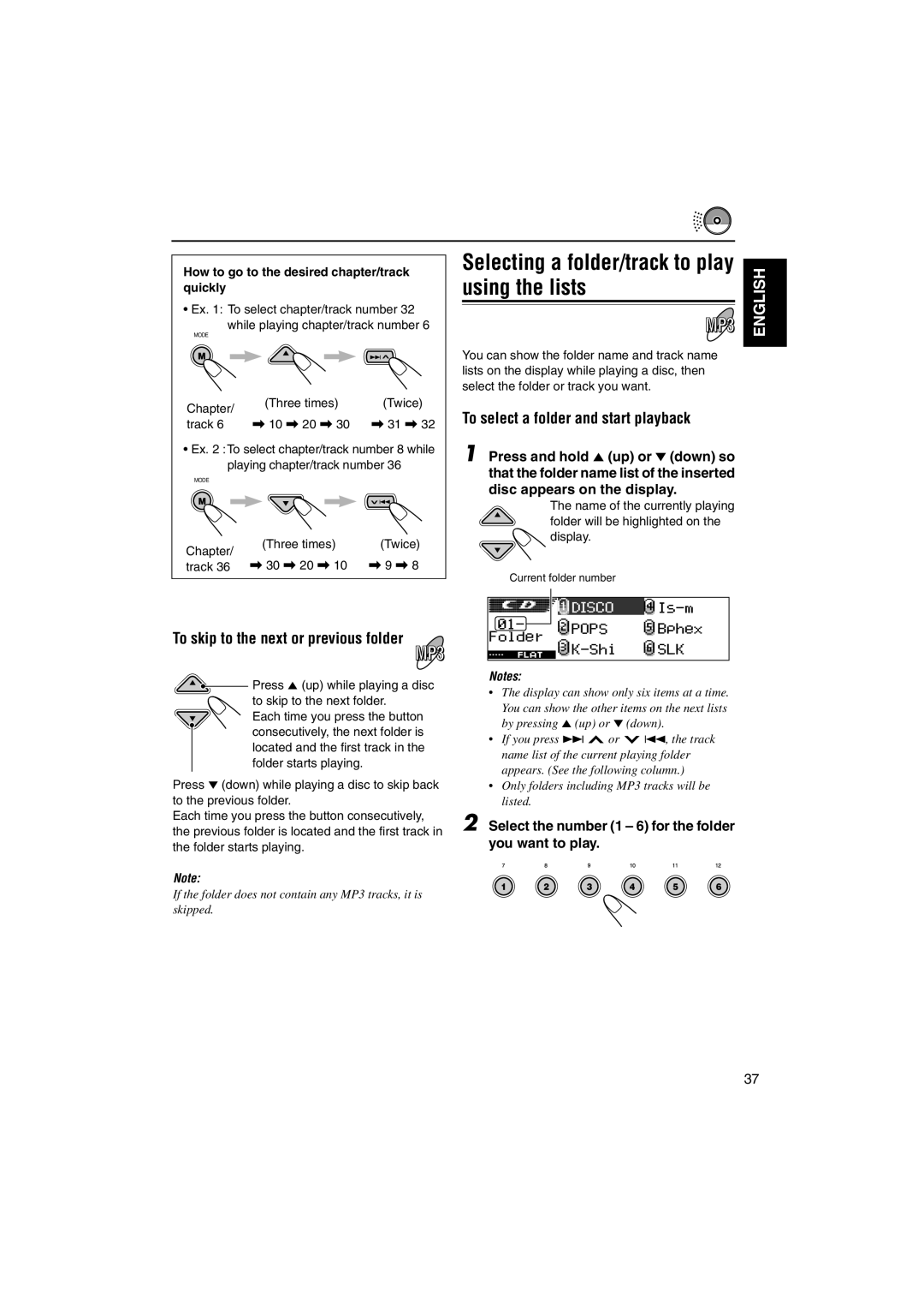 JVC LVT1055-001A Selecting a folder/track to play using the lists, To select a folder and start playback, You want to play 