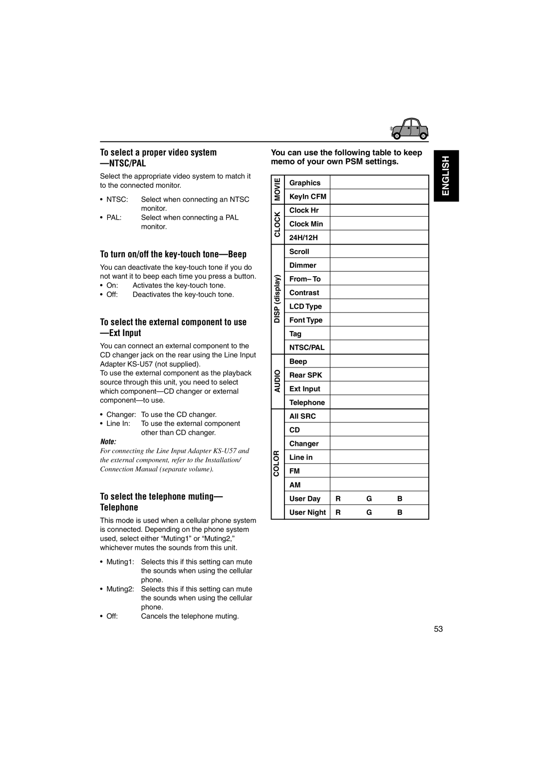 JVC LVT1055-001A manual To select a proper video system, Ext Input, To select the telephone muting- Telephone 