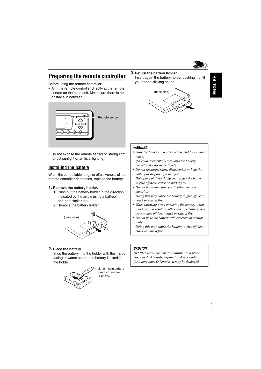 JVC LVT1055-001A manual Installing the battery, Remove the battery holder, Place the battery, Return the battery holder 