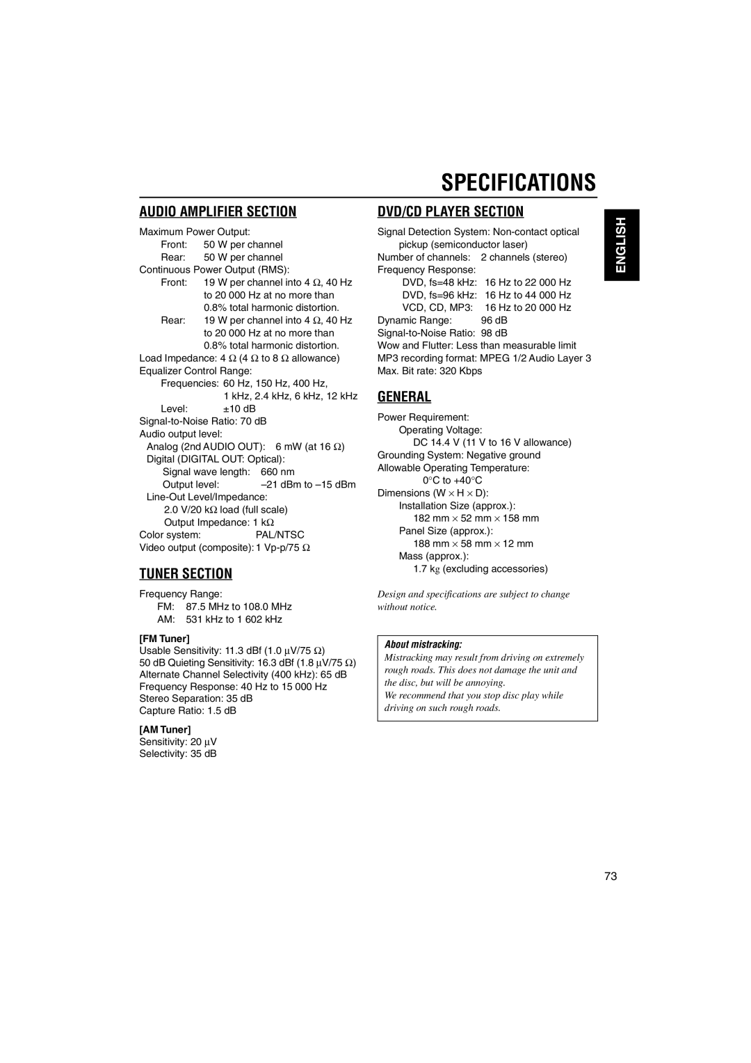 JVC LVT1055-001A manual Specifications, FM Tuner, AM Tuner 