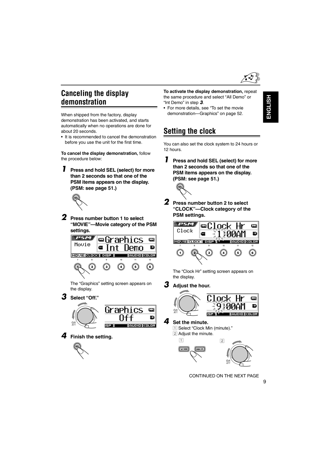 JVC LVT1055-001A manual Setting the clock, Adjust the hour, Select Off, Set the minute, Finish the setting 