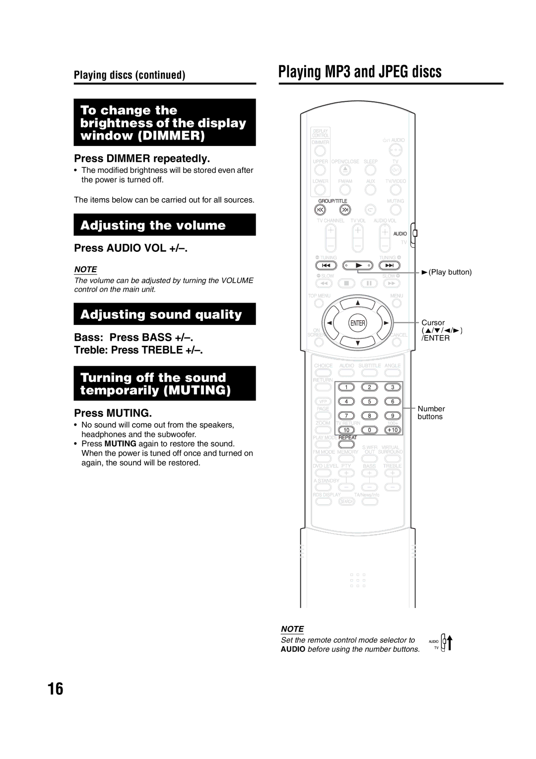 JVC LVT1095-004A Playing MP3 and Jpeg discs, To change the brightness of the display window Dimmer, Adjusting the volume 