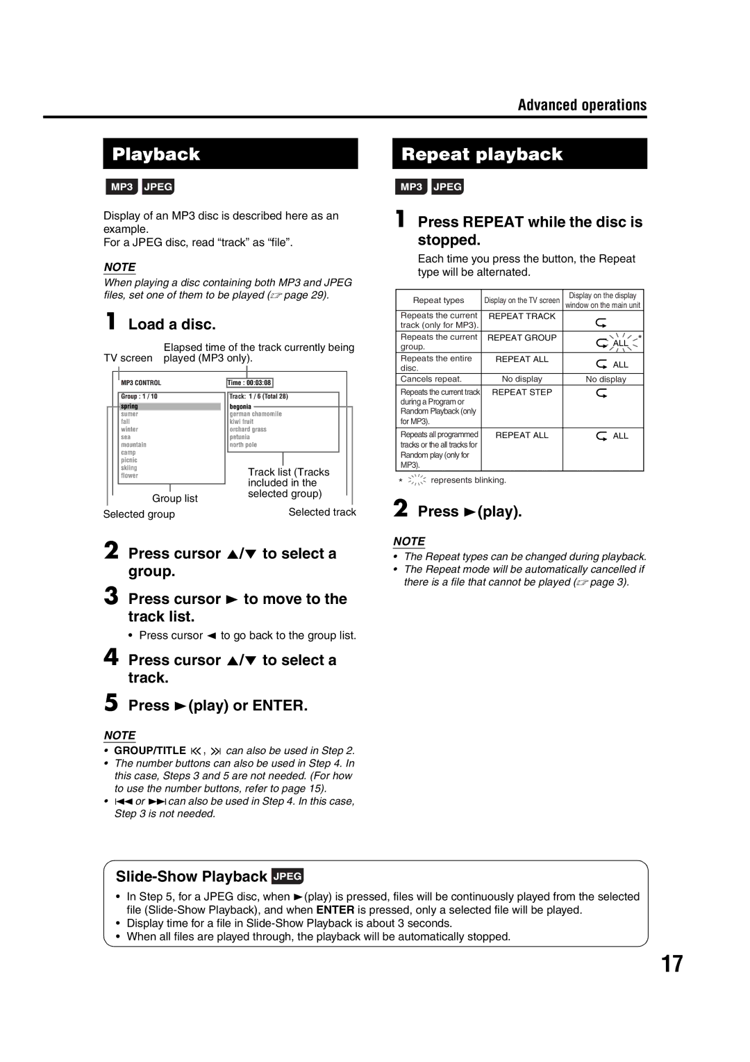 JVC 1203SKMMODJSC, LVT1095-004A Repeat playback, Load a disc, Press Repeat while the disc is stopped, Slide-Show Playback 