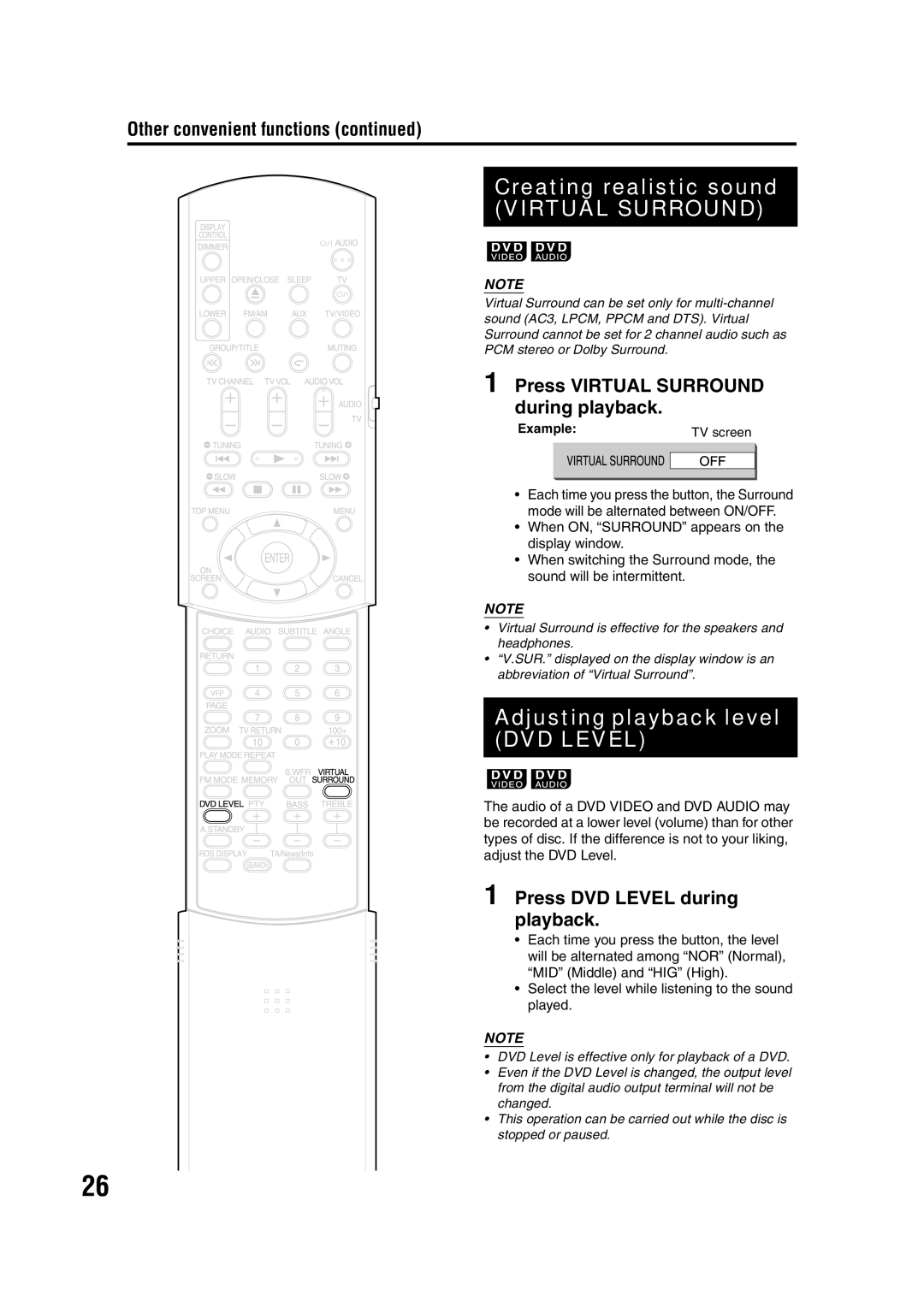 JVC LVT1095-004A, 1203SKMMODJSC Creating realistic sound, Adjusting playback level DVD Level, Other convenient functions 