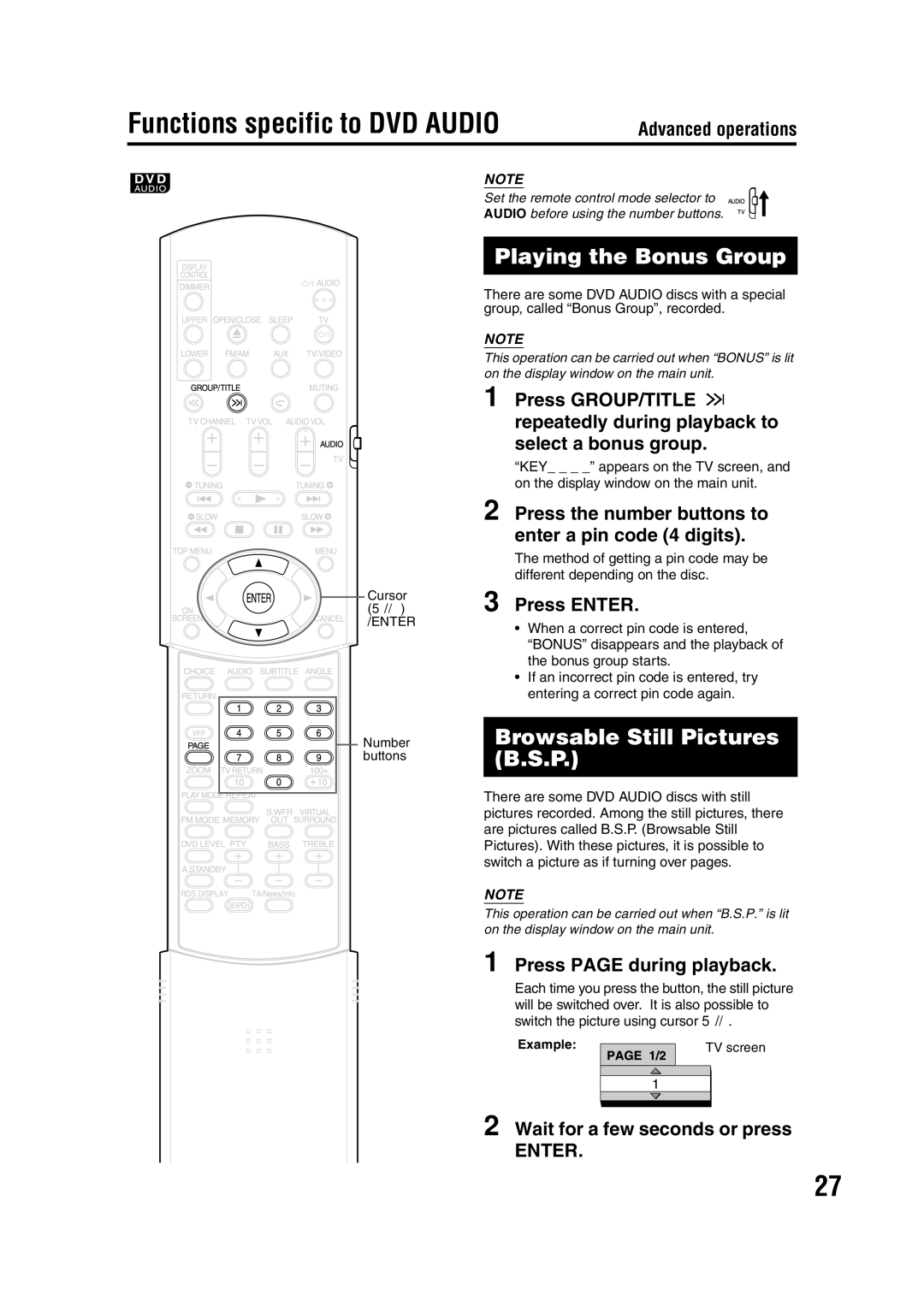 JVC 1203SKMMODJSC, LVT1095-004A Functions specific to DVD Audio, Playing the Bonus Group, Browsable Still Pictures B.S.P 