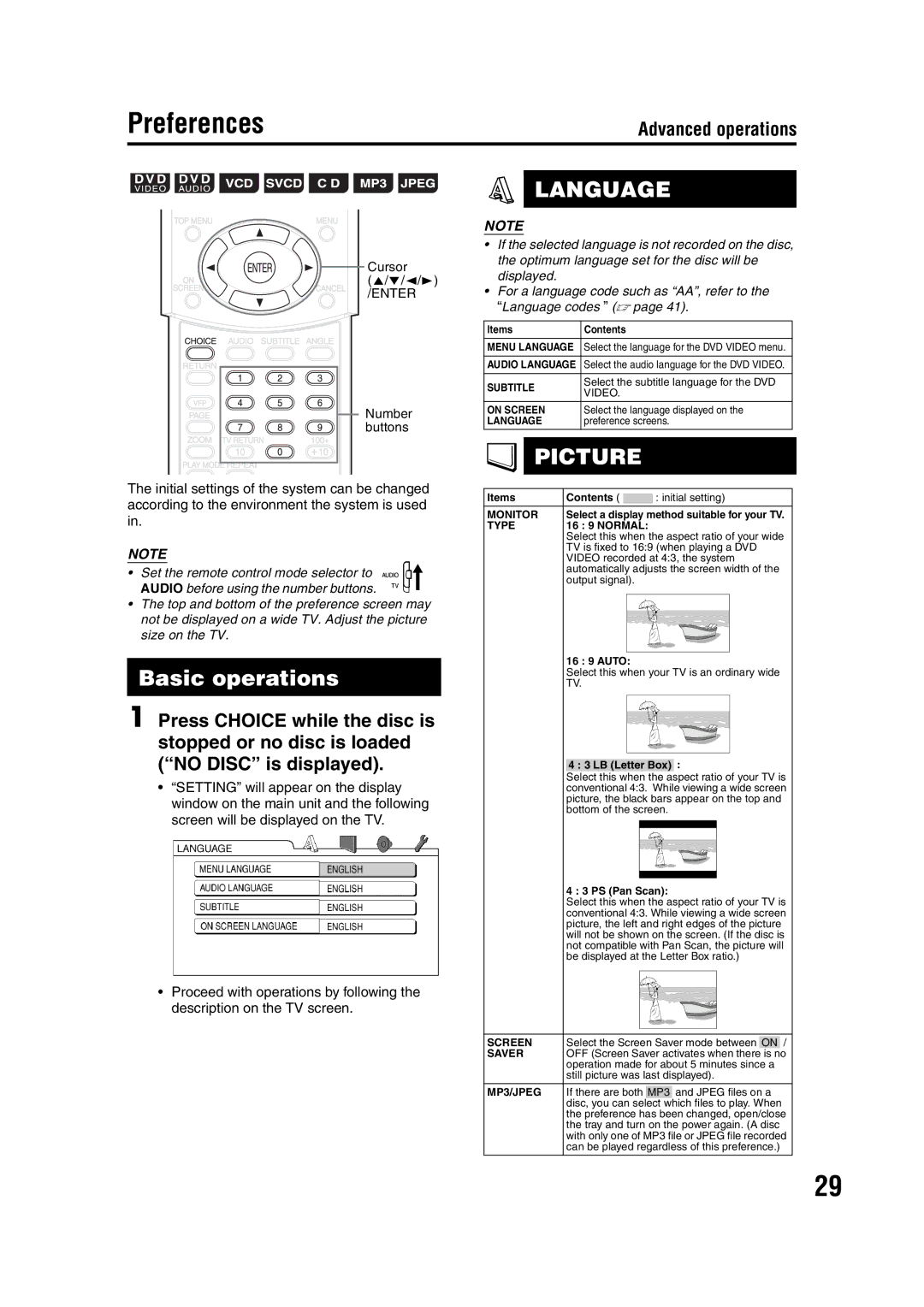 JVC 1203SKMMODJSC, LVT1095-004A manual Preferences, Basic operations 