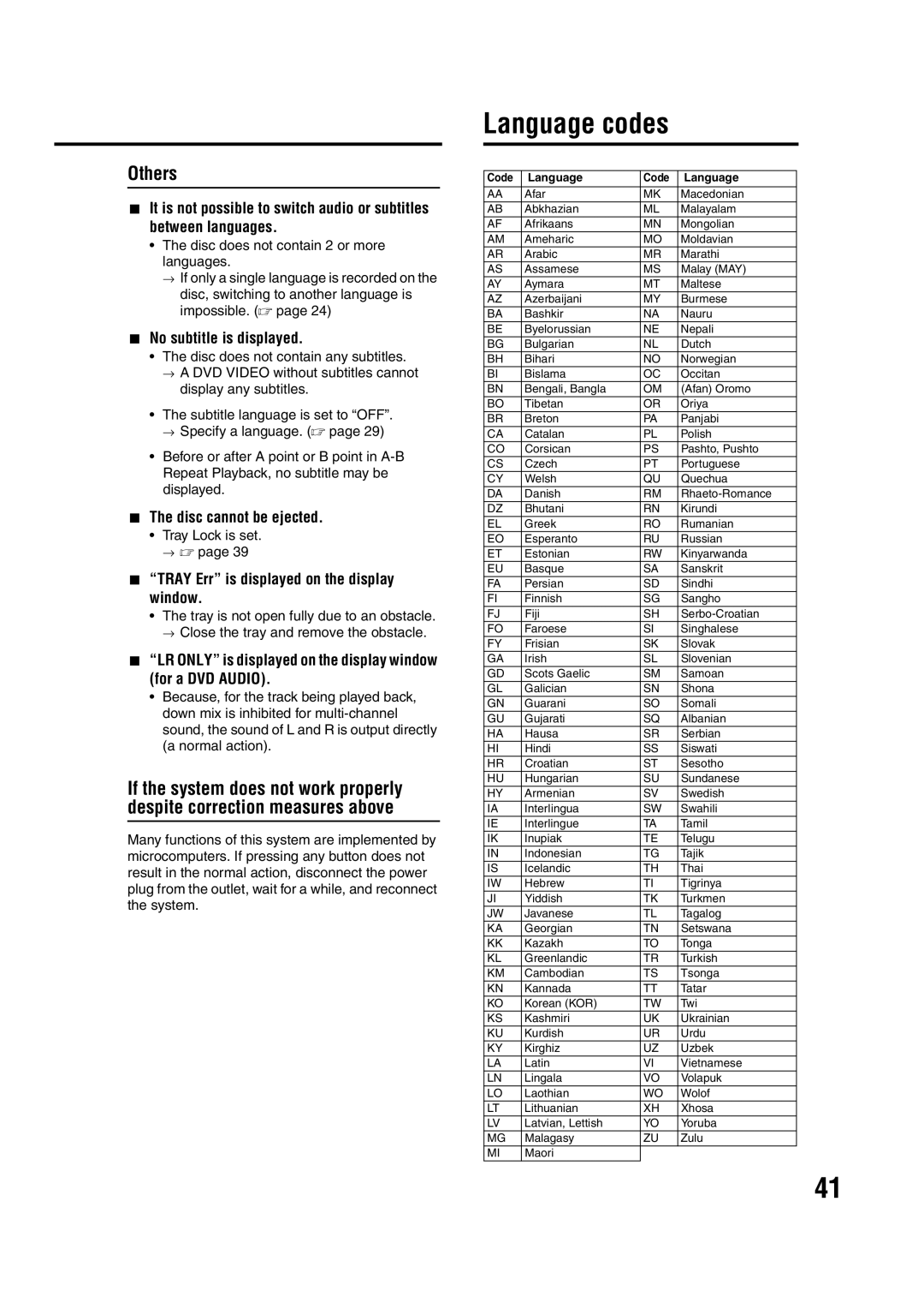 JVC 1203SKMMODJSC, LVT1095-004A manual Language codes, Others, Tray Lock is set → a 