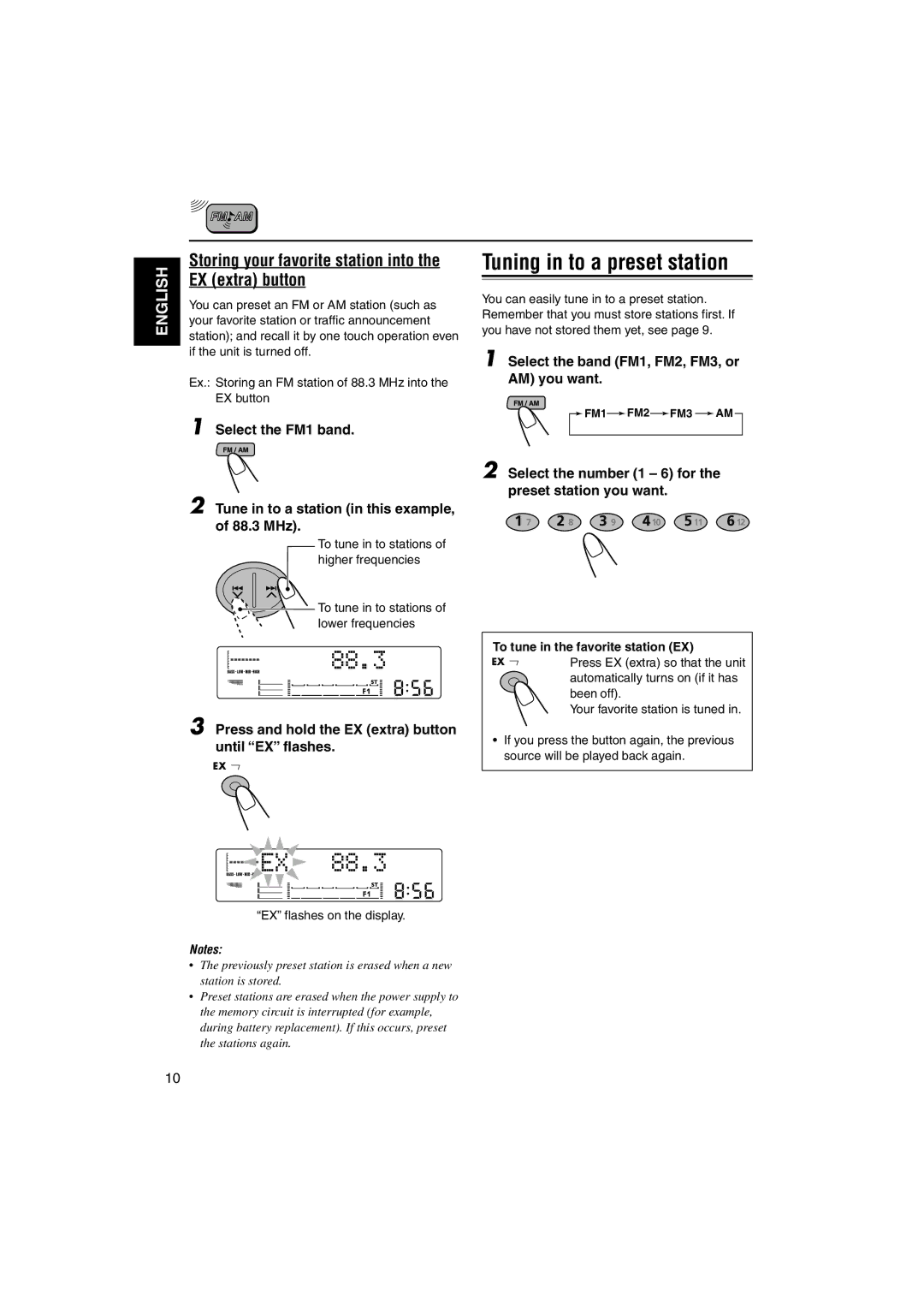 JVC LVT1099-001A manual Tuning in to a preset station, Storing your favorite station into the EX extra button 