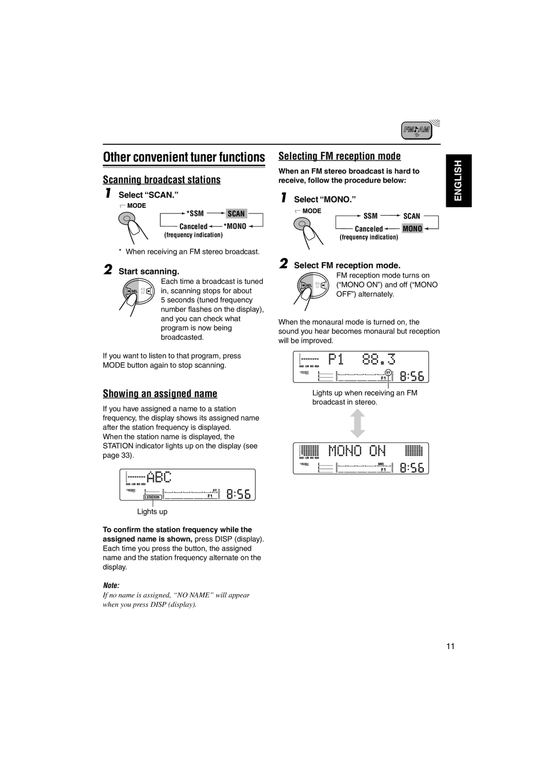 JVC LVT1099-001A manual Scanning broadcast stations, Showing an assigned name, Selecting FM reception mode 