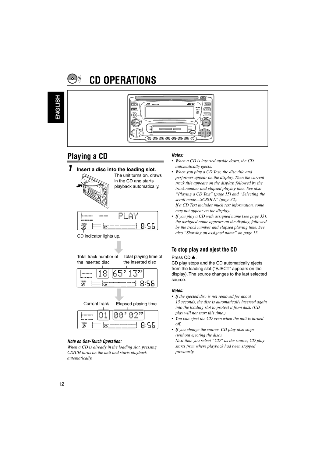 JVC LVT1099-001A manual CD Operations, Playing a CD, To stop play and eject the CD, Insert a disc into the loading slot 