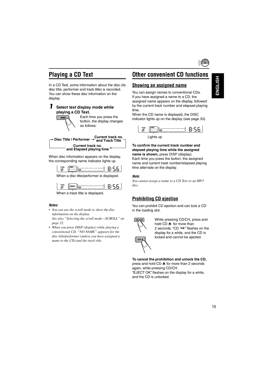 JVC LVT1099-001A manual Playing a CD Text, Other convenient CD functions, Prohibiting CD ejection 