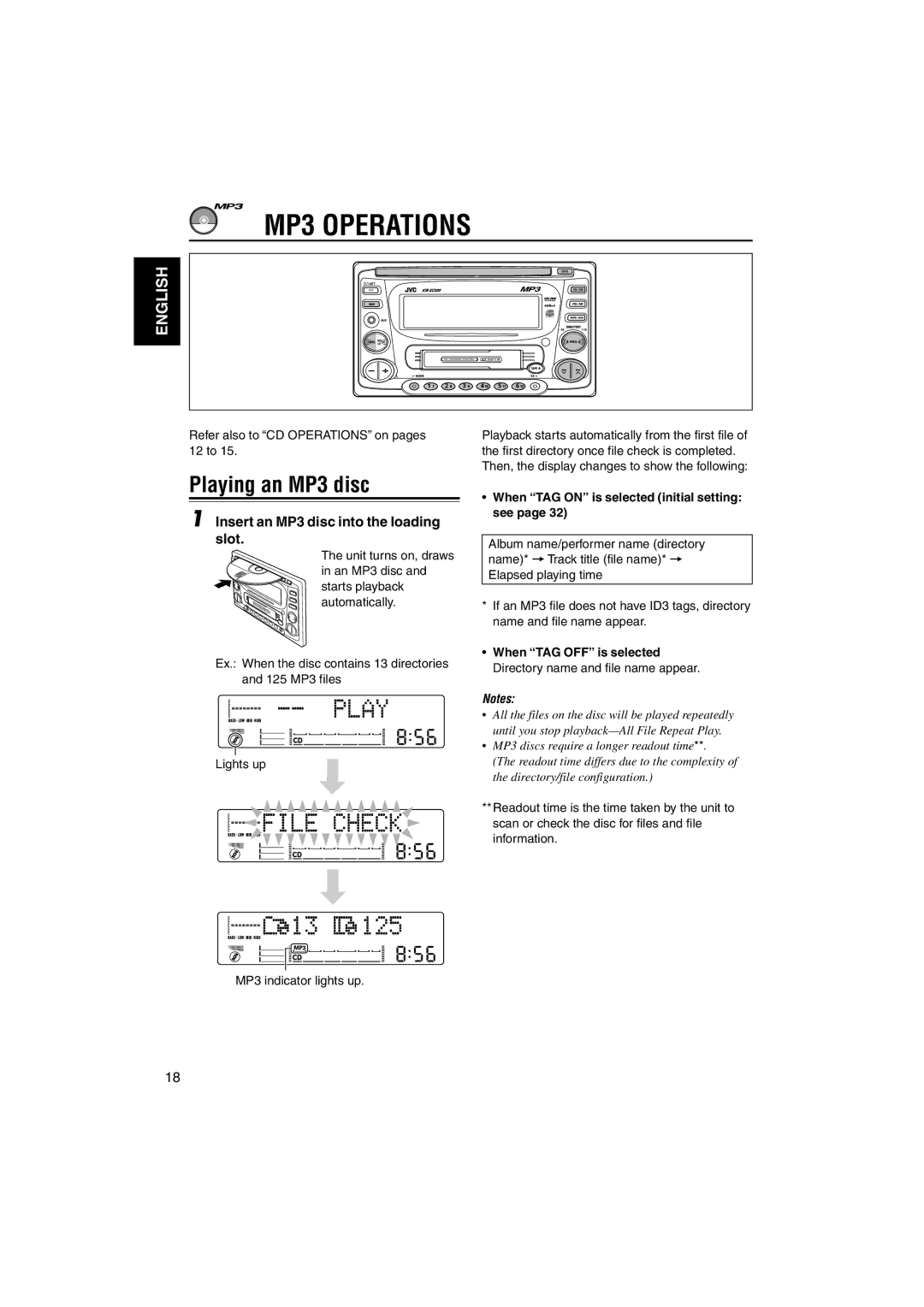 JVC LVT1099-001A manual MP3 Operations, Playing an MP3 disc, Insert an MP3 disc into the loading slot 