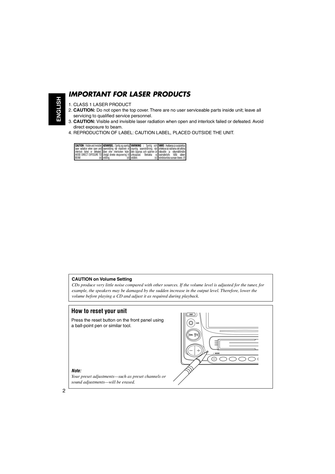 JVC LVT1099-001A manual Important for Laser Products, How to reset your unit 