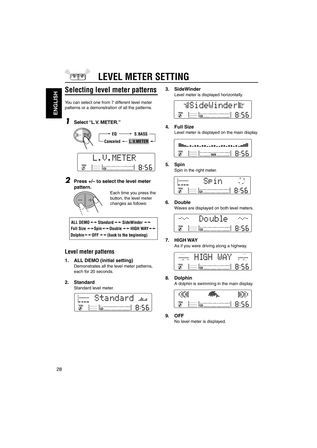 JVC LVT1099-001A manual Level Meter Setting, Selecting level meter patterns, Level meter patterns 