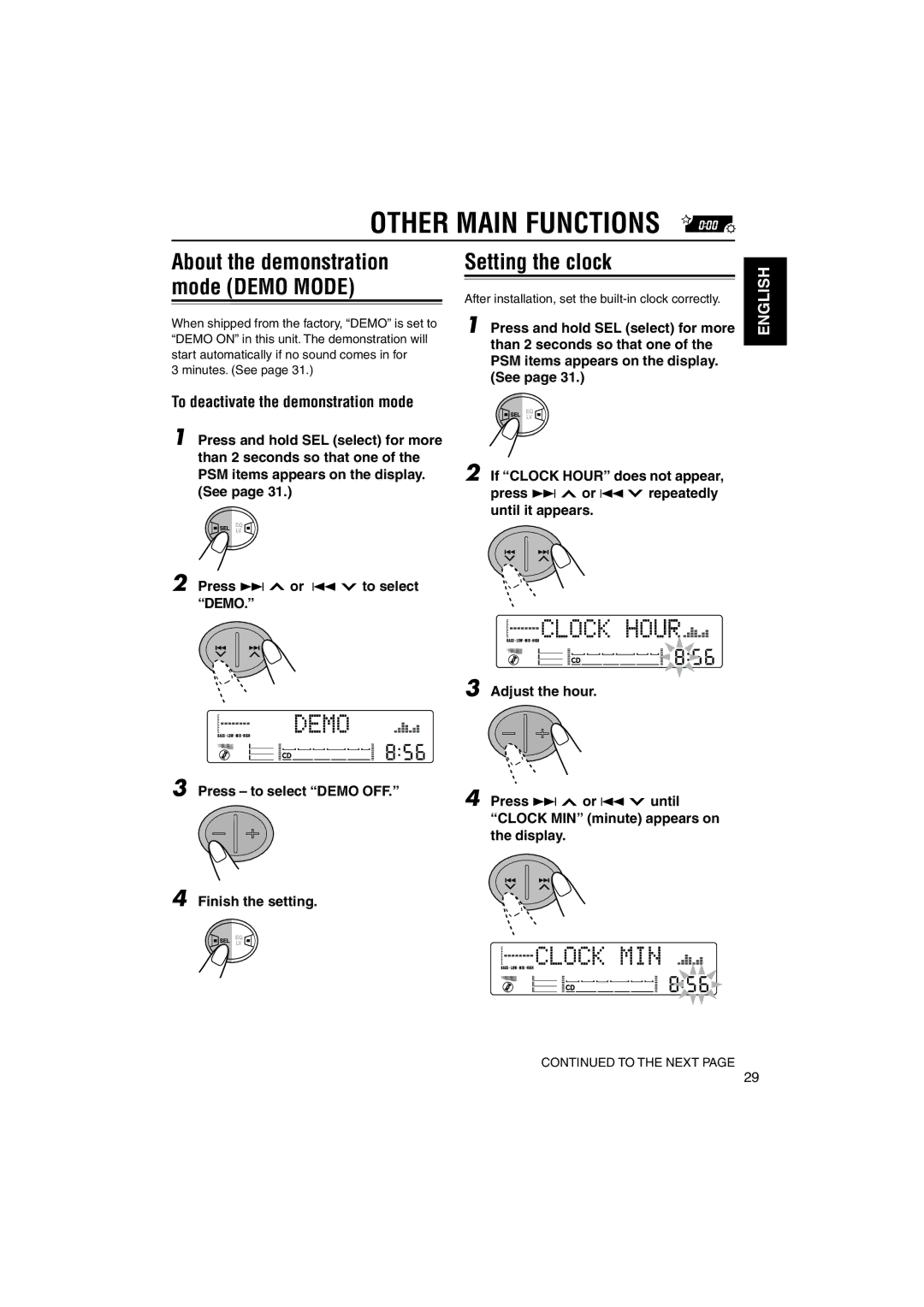 JVC LVT1099-001A manual Other Main Functions, Setting the clock, To deactivate the demonstration mode 