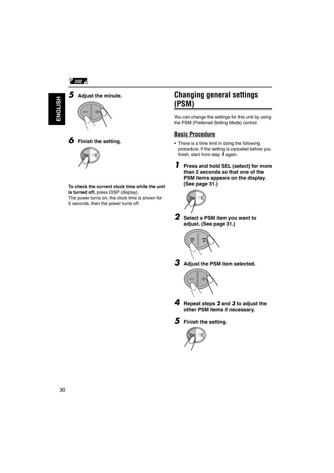 JVC LVT1099-001A manual Changing general settings PSM, Basic Procedure, Adjust the minute 