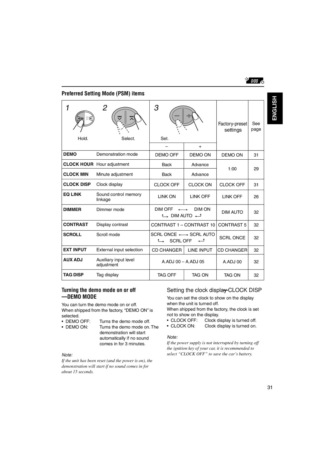 JVC LVT1099-001A Preferred Setting Mode PSM items, Turning the demo mode on or off, Setting the clock display-CLOCK Disp 