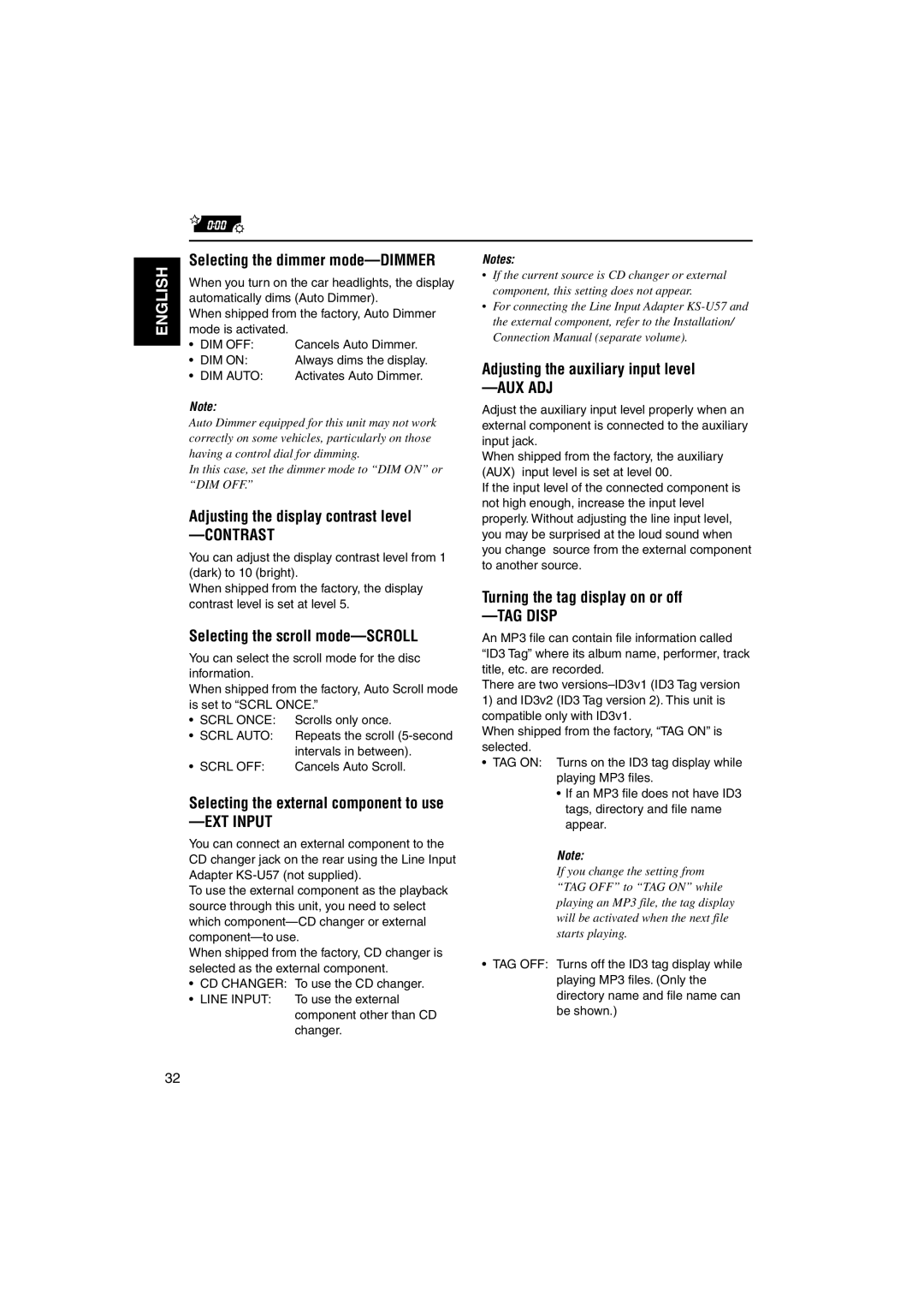 JVC LVT1099-001A Selecting the dimmer mode-DIMMER, Adjusting the display contrast level, Selecting the scroll mode-SCROLL 