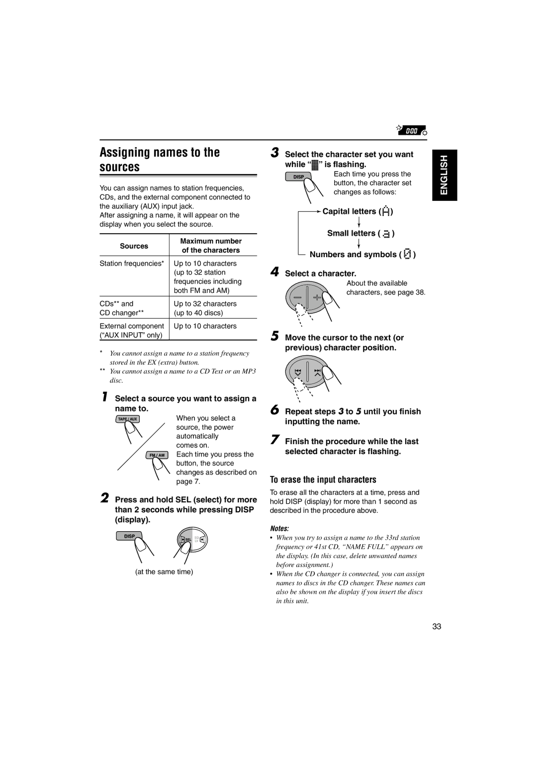 JVC LVT1099-001A manual Assigning names to the sources, To erase the input characters, Sources Maximum number Characters 