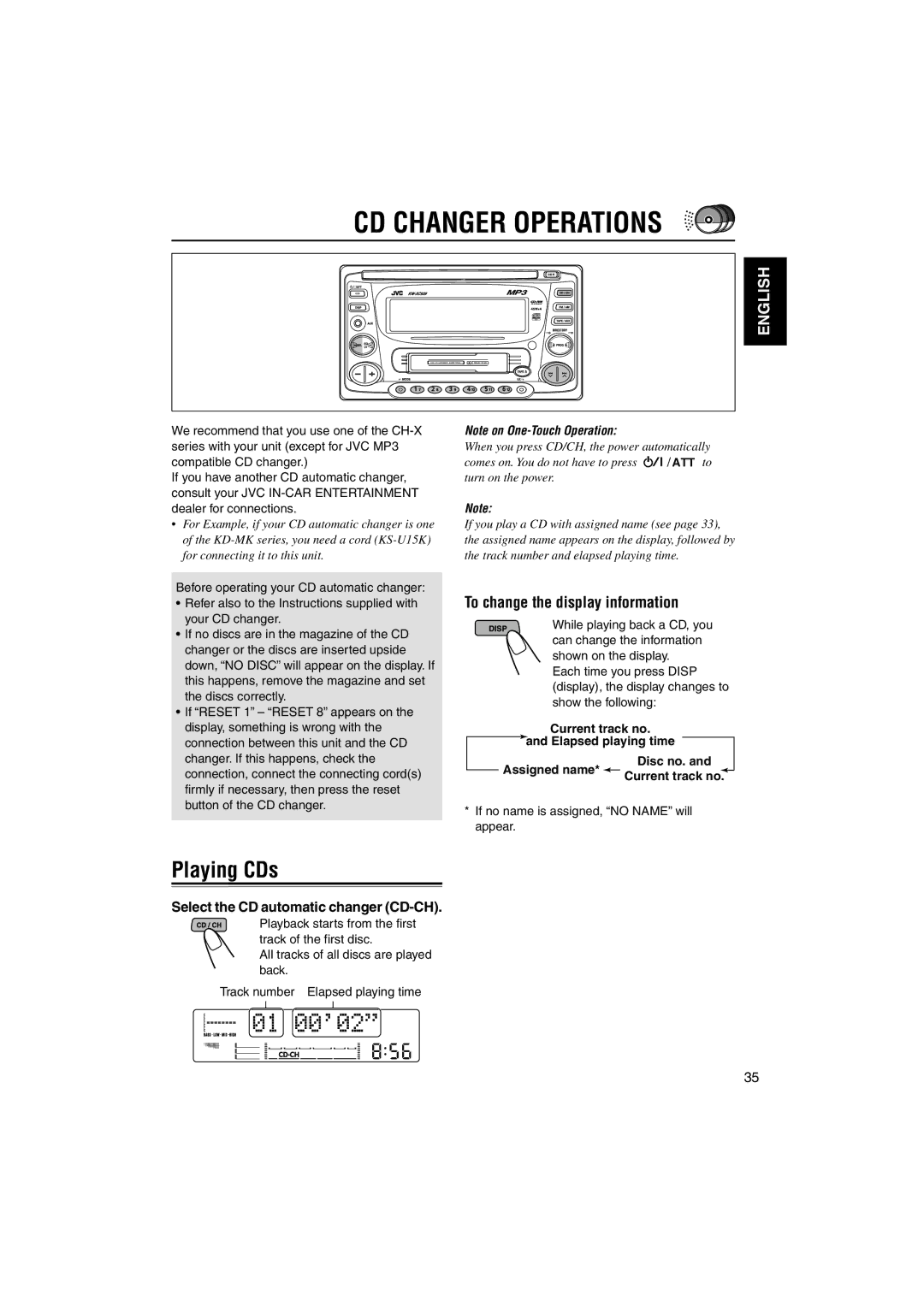 JVC LVT1099-001A manual CD Changer Operations, Playing CDs, Select the CD automatic changer CD-CH 