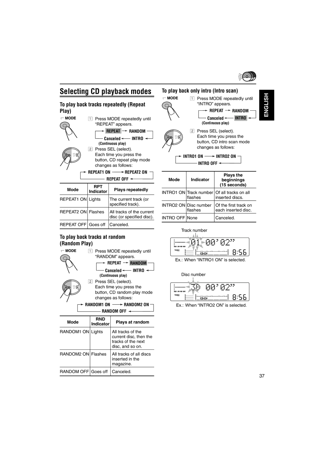 JVC LVT1099-001A manual Canceled Intro, Press Mode repeatedly until, Intro appears 