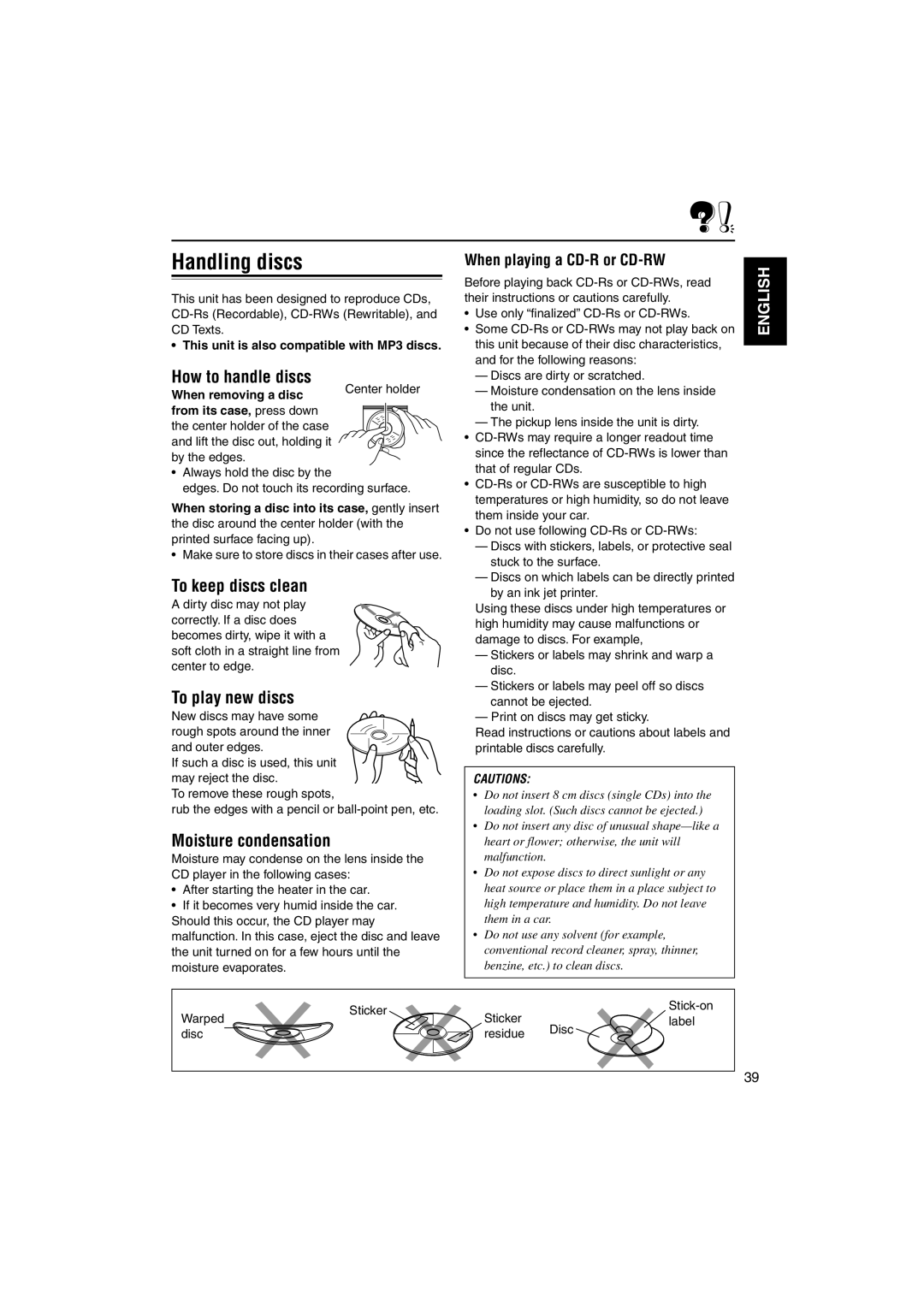 JVC LVT1099-001A manual Handling discs, How to handle discs, To keep discs clean, To play new discs, Moisture condensation 