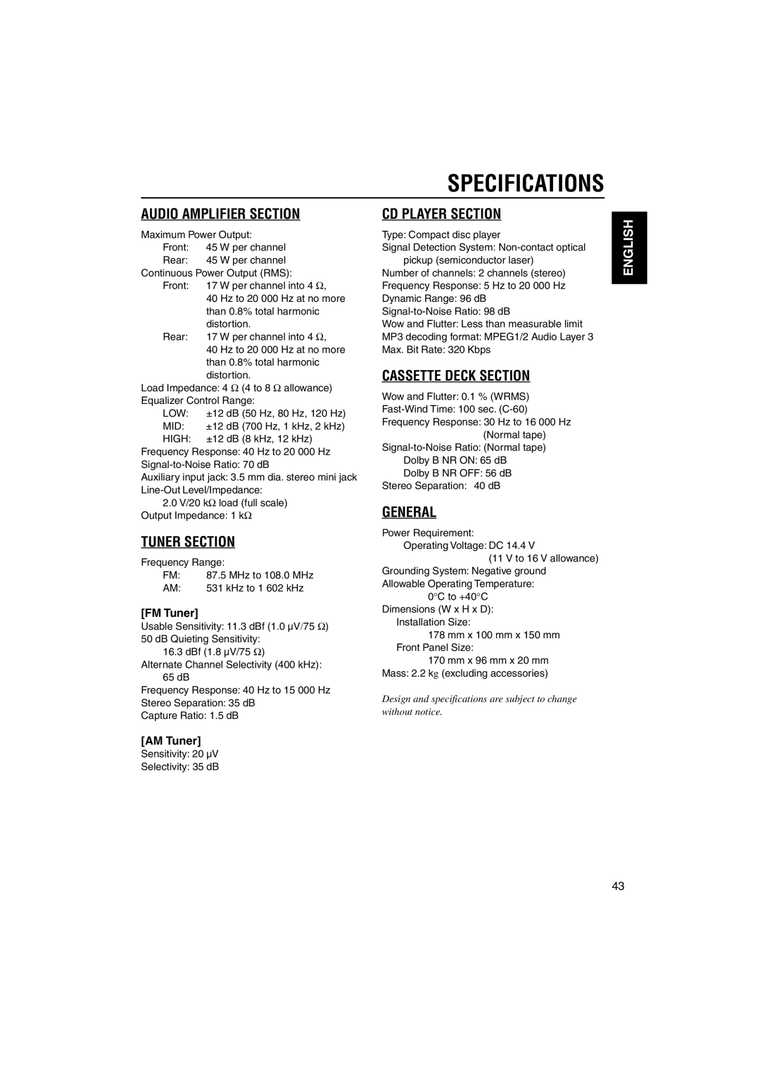 JVC LVT1099-001A manual Specifications, FM Tuner, AM Tuner 