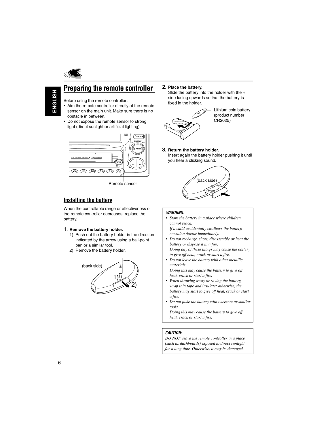 JVC LVT1099-001A Preparing the remote controller, Installing the battery, Place the battery, Return the battery holder 