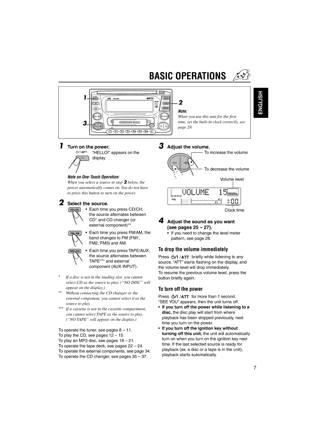 JVC LVT1099-001A manual Basic Operations, To drop the volume immediately, To turn off the power 