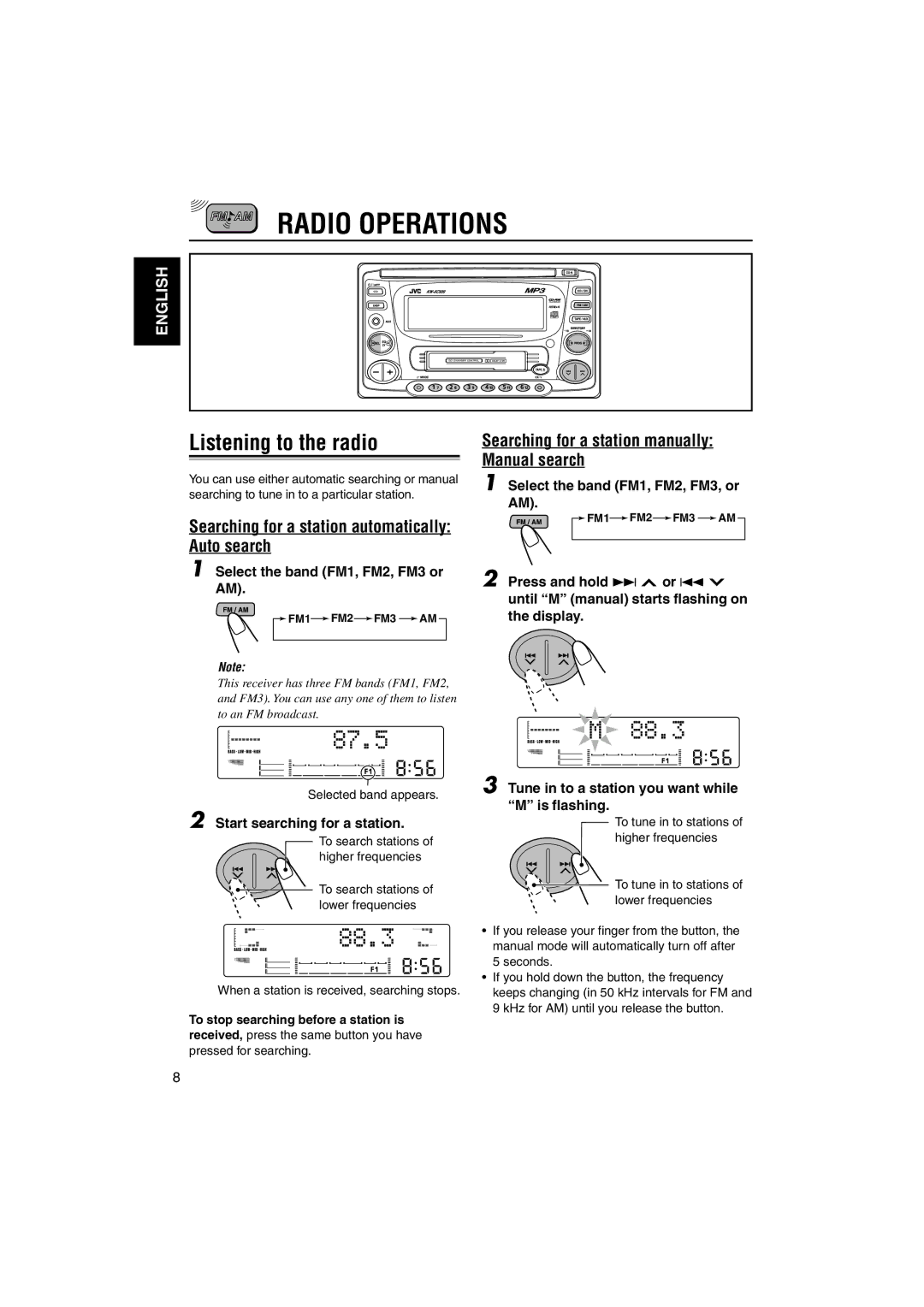 JVC LVT1099-001A manual Radio Operations, Listening to the radio, Searching for a station automatically Auto search 