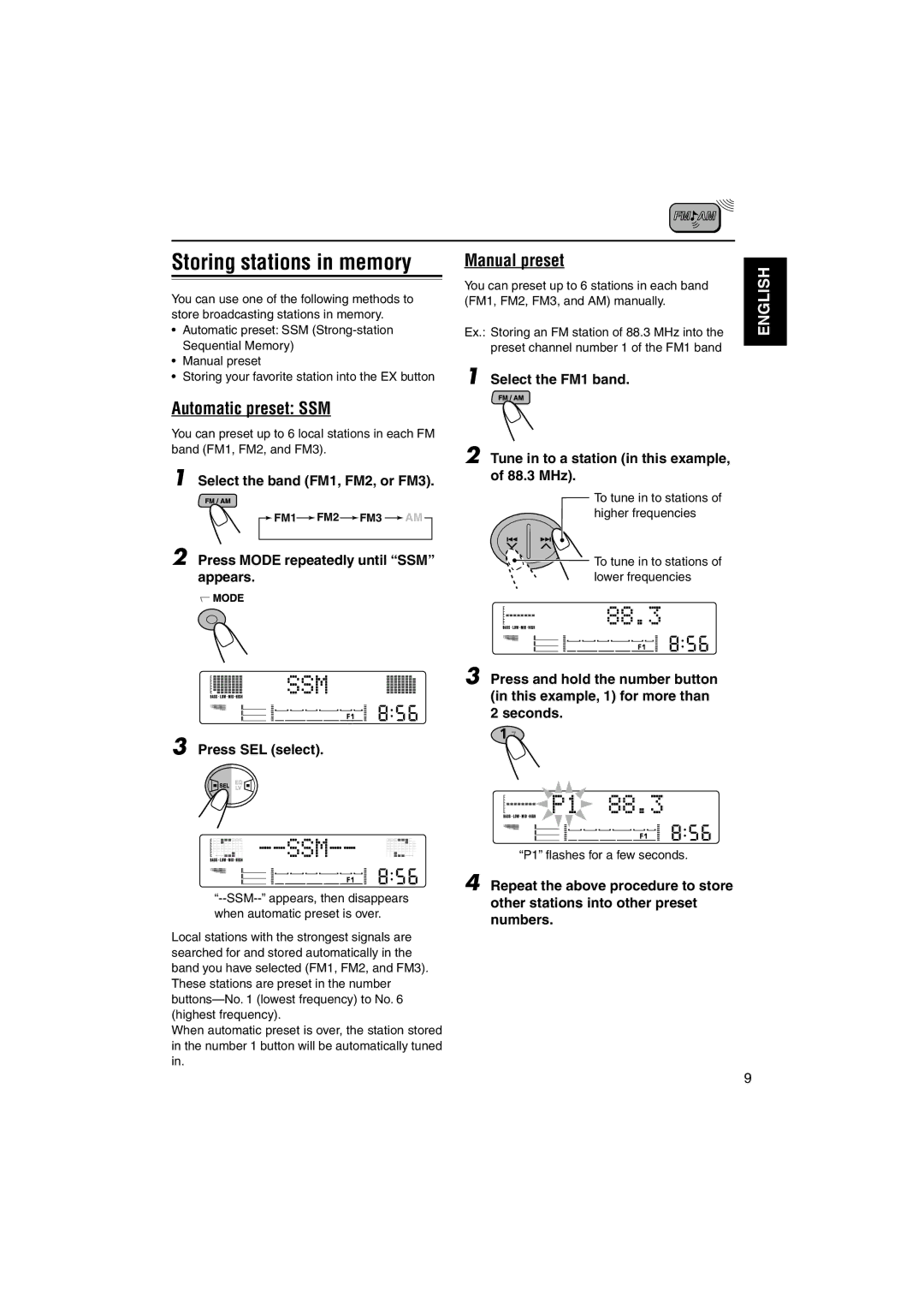 JVC LVT1099-001A manual Storing stations in memory, Automatic preset SSM, Manual preset 