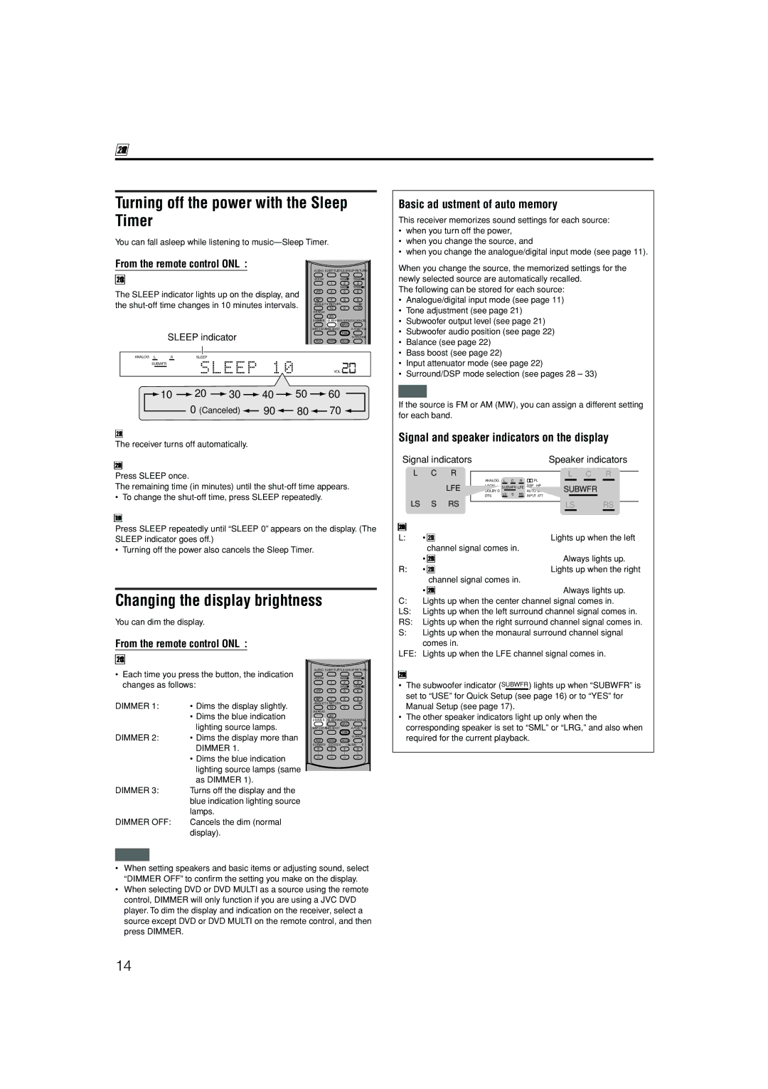 JVC LVT1112-001A manual Turning off the power with the Sleep Timer, Changing the display brightness 