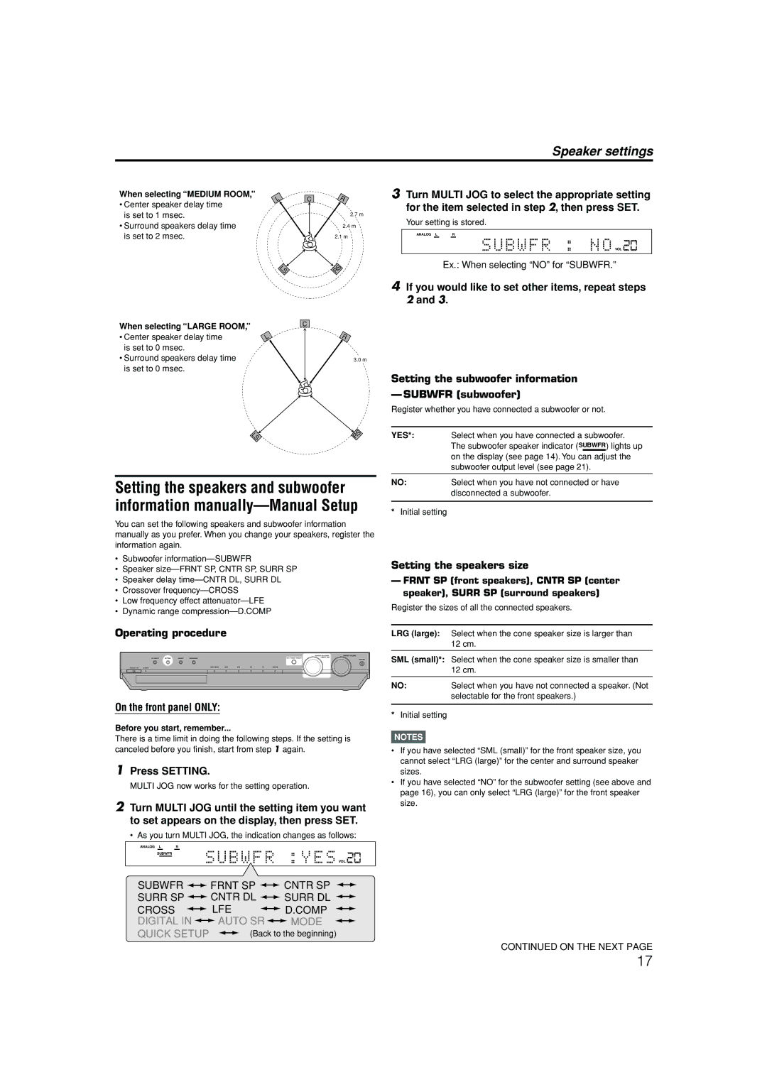 JVC LVT1112-001A Operating procedure, Setting the speakers size, When selecting Medium Room, When selecting Large Room 