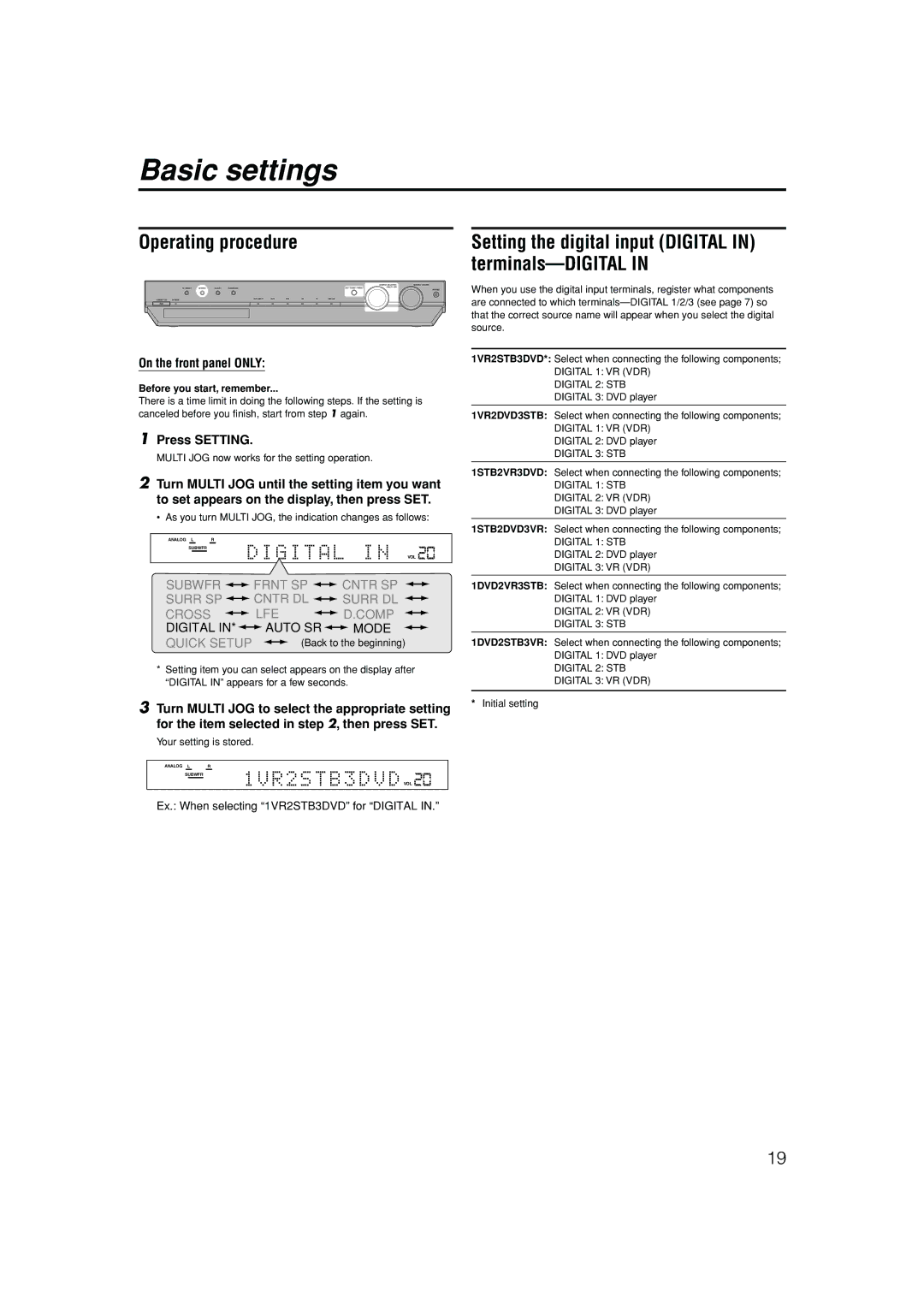 JVC LVT1112-001A manual Basic settings, Operating procedure, Digital IN* Auto SR Mode 