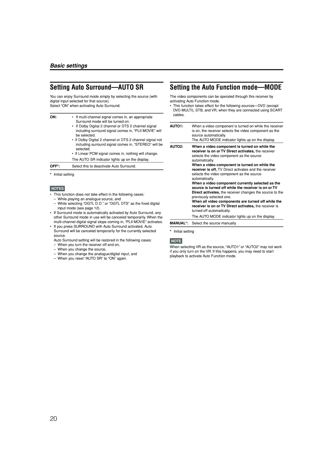 JVC LVT1112-001A manual Setting Auto Surround-AUTO SR, Setting the Auto Function mode-MODE, Basic settings 