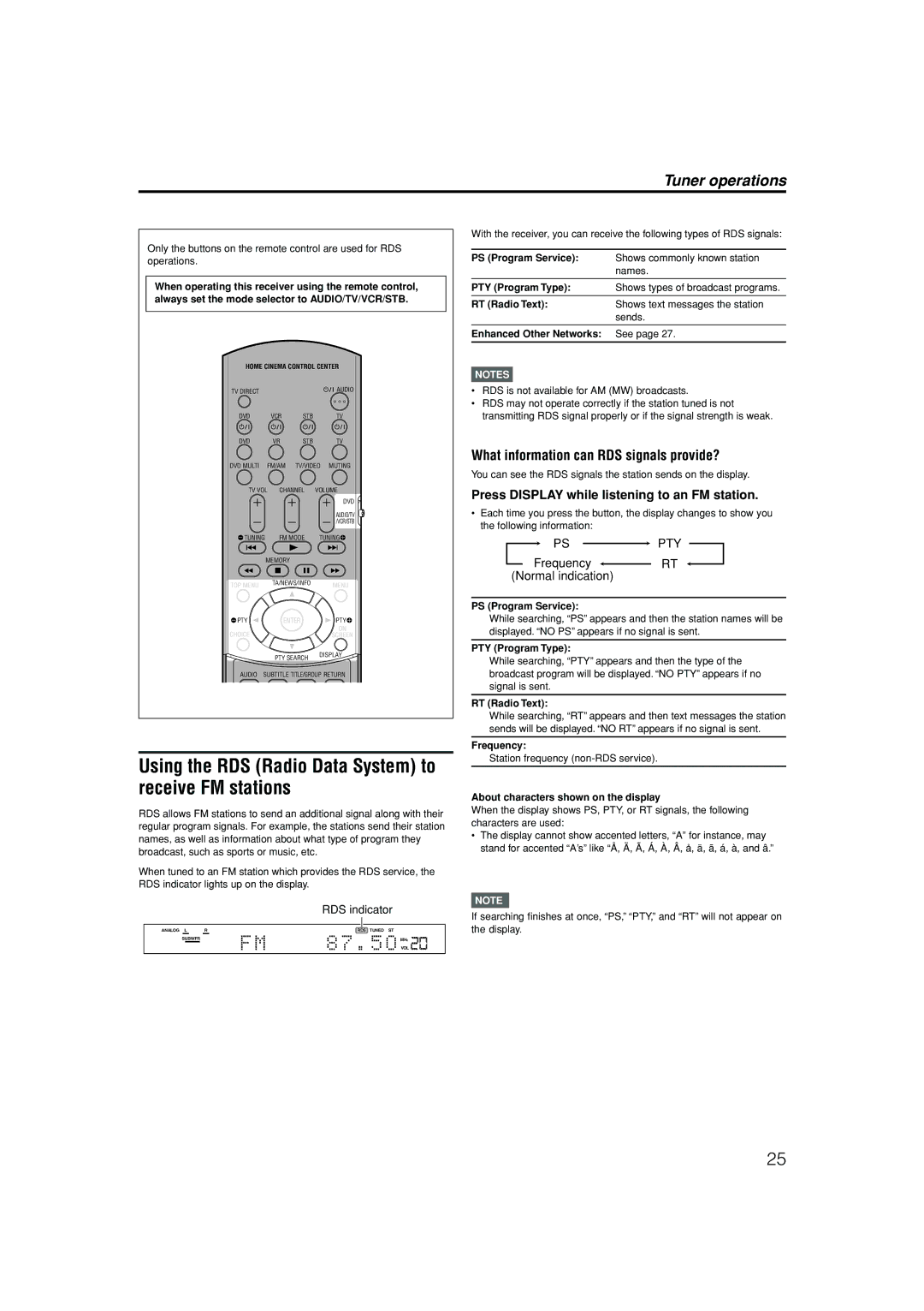 JVC LVT1112-001A Using the RDS Radio Data System to receive FM stations, What information can RDS signals provide?, Ps Pty 