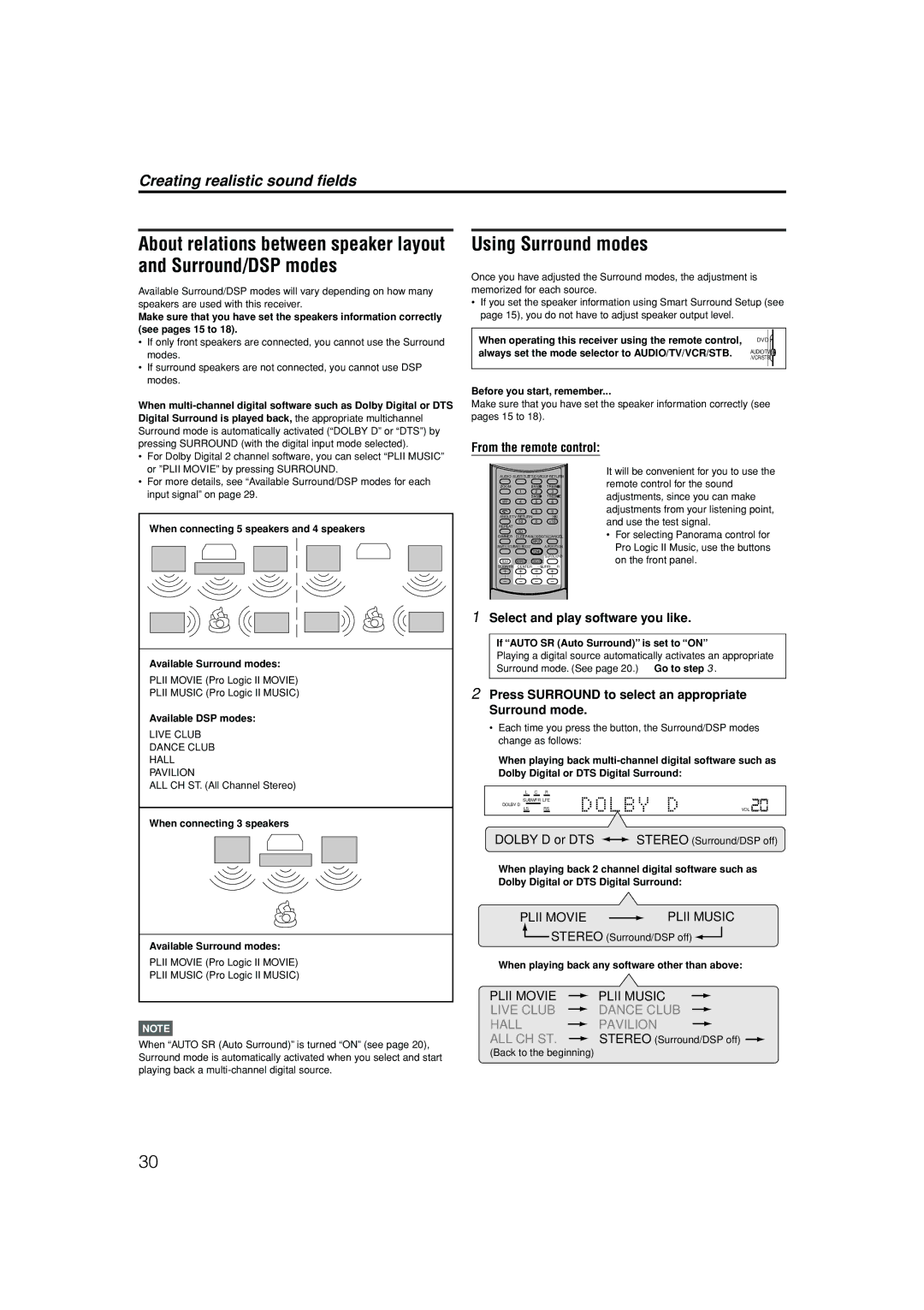 JVC LVT1112-001A manual Using Surround modes, Select and play software you like, Press Surround to select an appropriate 