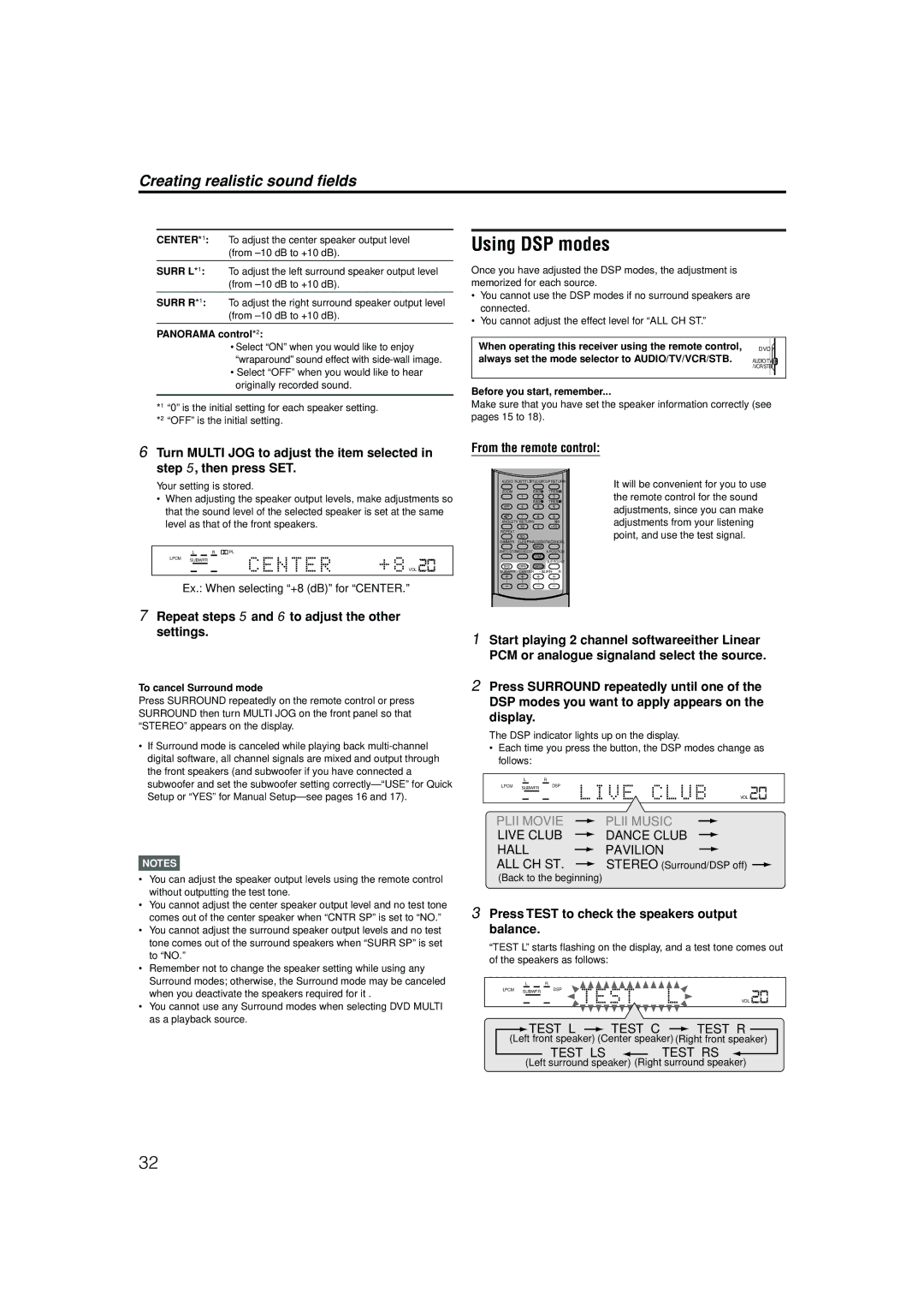 JVC LVT1112-001A manual Using DSP modes, Repeat steps 5 and 6 to adjust the other settings, Panorama control*2 