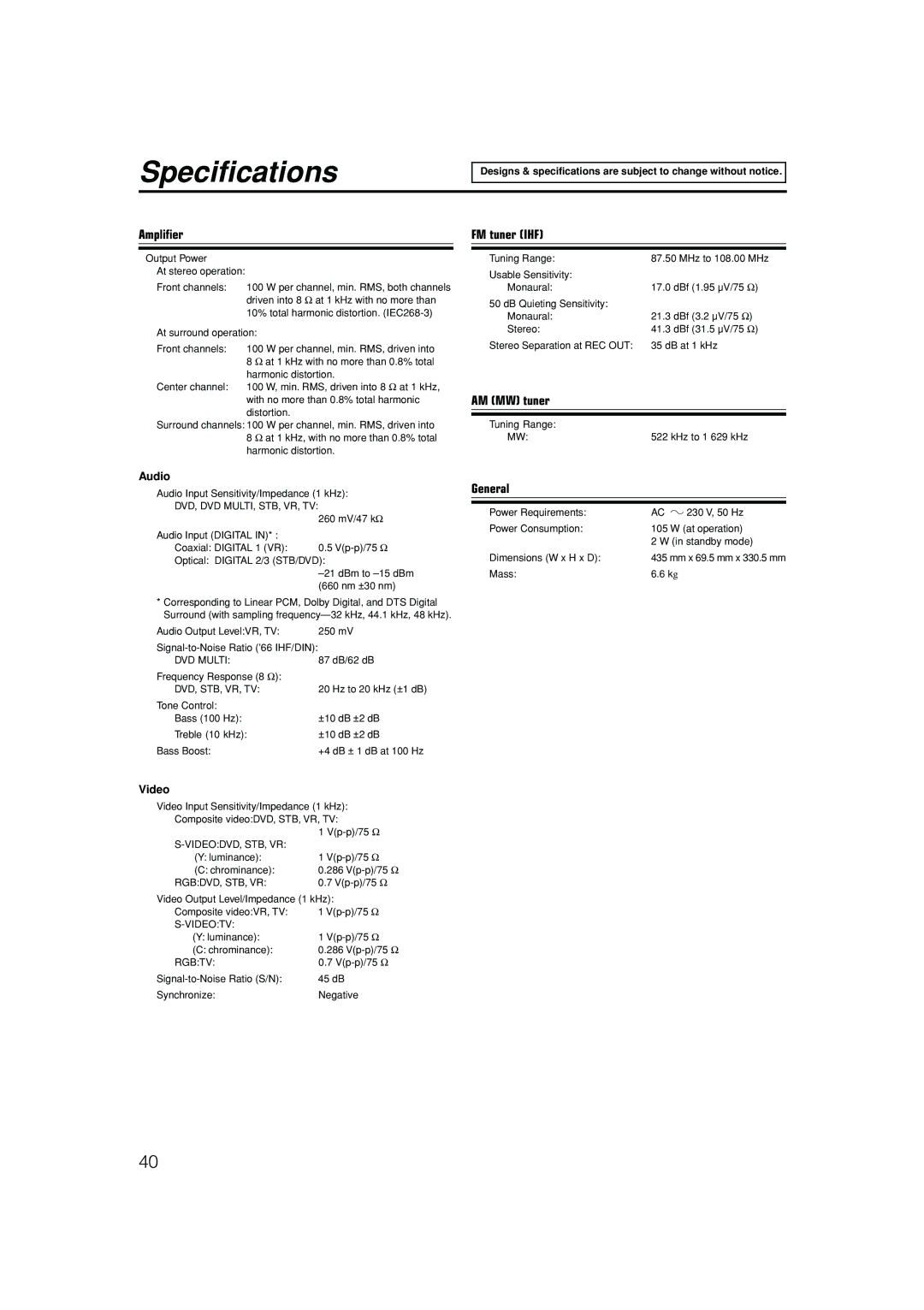 JVC LVT1112-001A manual Specifications, Amplifier, FM tuner IHF, AM MW tuner, General 