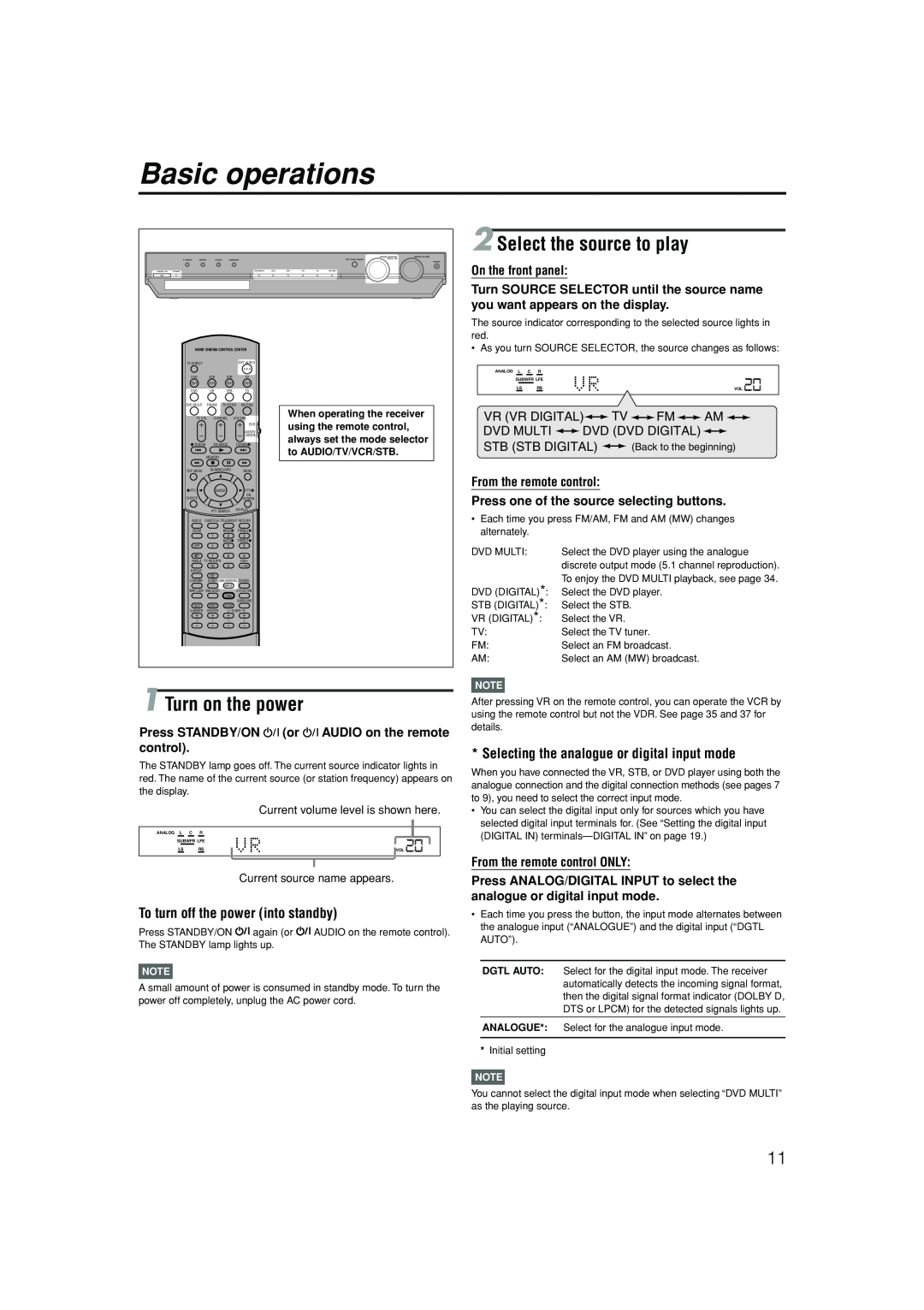 JVC LVT1112-001A manual Basic operations, Turn on the power, Select the source to play, To turn off the power into standby 