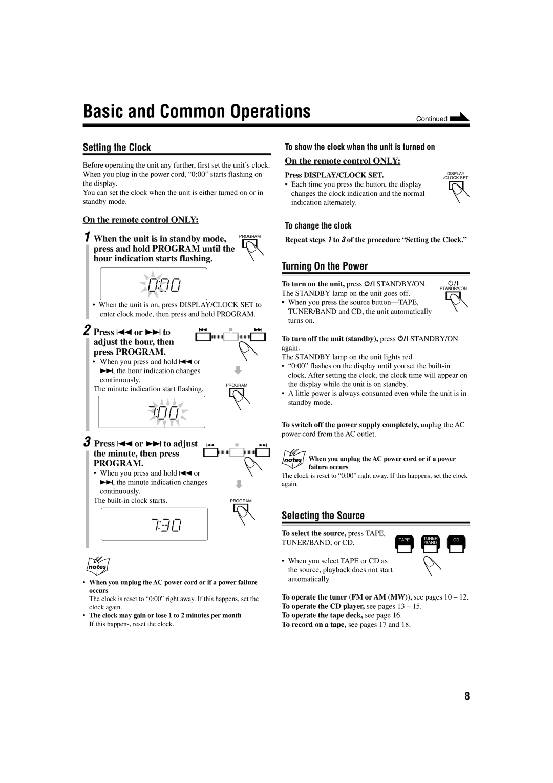 JVC 0603MWMMDWORI, LVT1115-003B Basic and Common Operations, Setting the Clock, Turning On the Power, Selecting the Source 