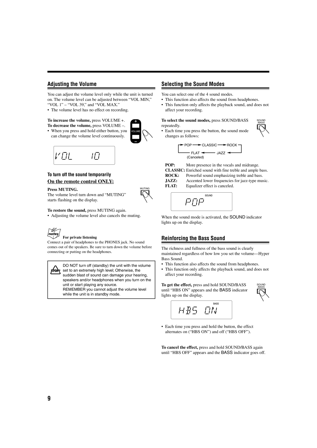 JVC LVT1115-003B, 0603MWMMDWORI manual Adjusting the Volume, Selecting the Sound Modes, Reinforcing the Bass Sound 