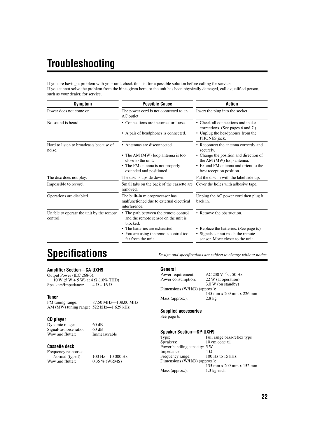 JVC 0603MWMMDWORI, LVT1115-003B manual Troubleshooting, Specifications 