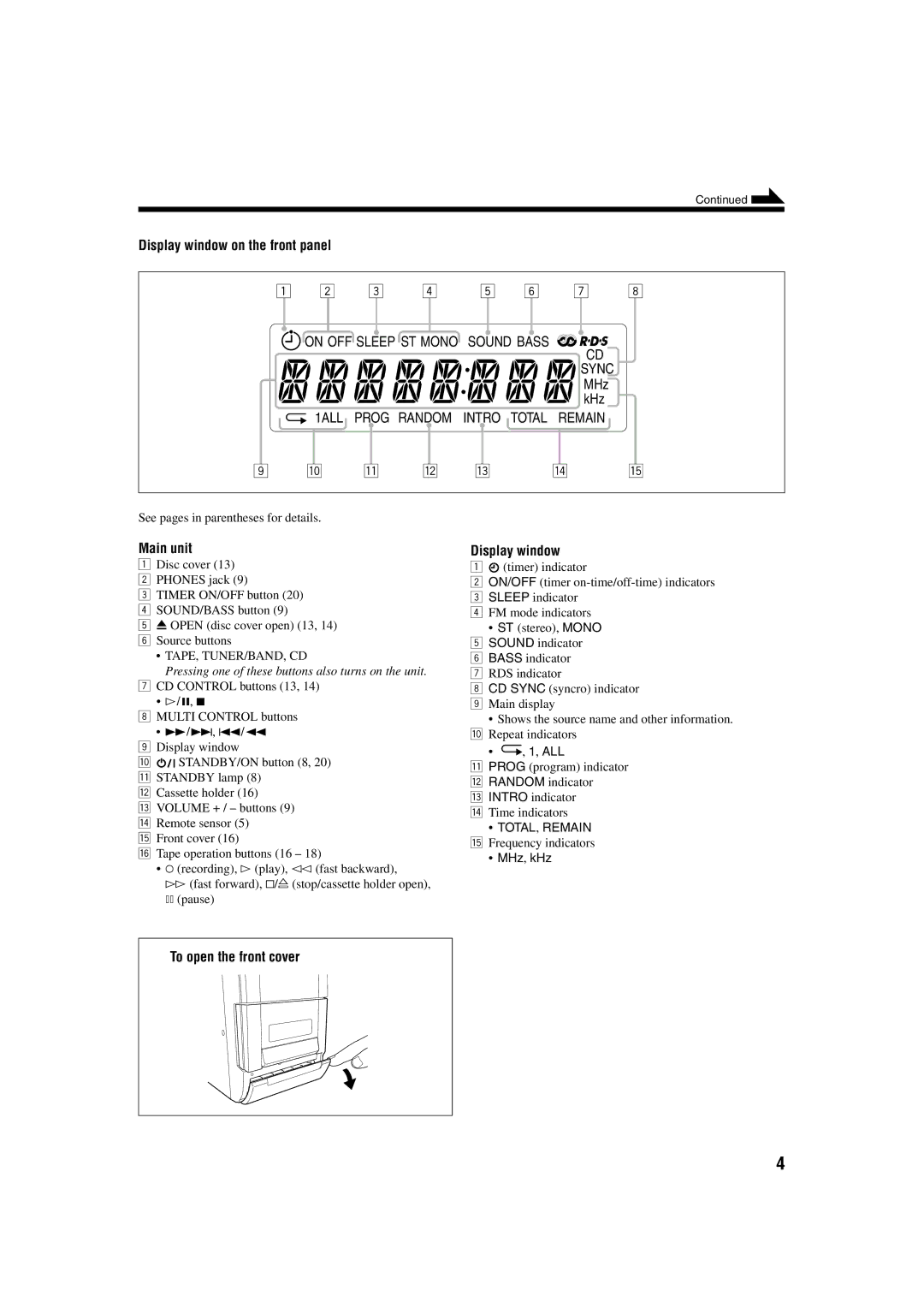 JVC 0603MWMMDWORI, LVT1115-003B manual Display window on the front panel, Main unit, To open the front cover 