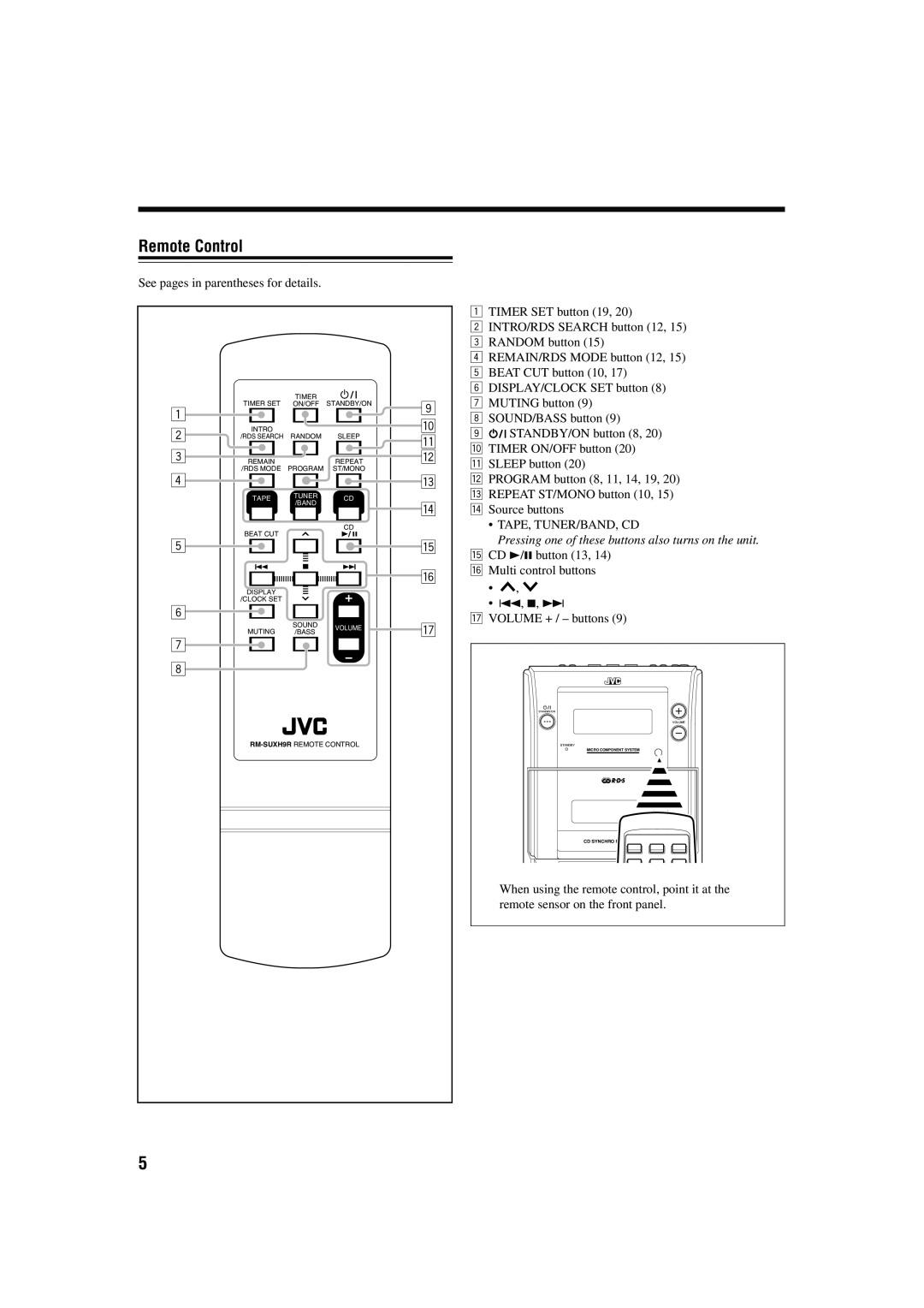 JVC LVT1115-003B, 0603MWMMDWORI manual Remote Control, 1 2 3 4 5 