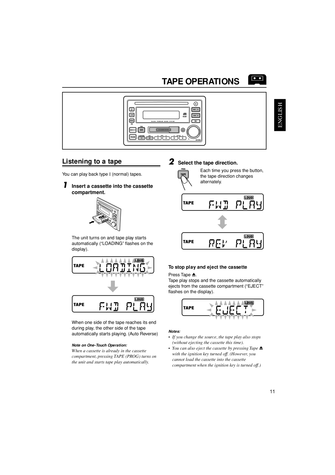 JVC KW-XC888 manual Tape Operations, Listening to a tape, To stop play and eject the cassette, Select the tape direction 