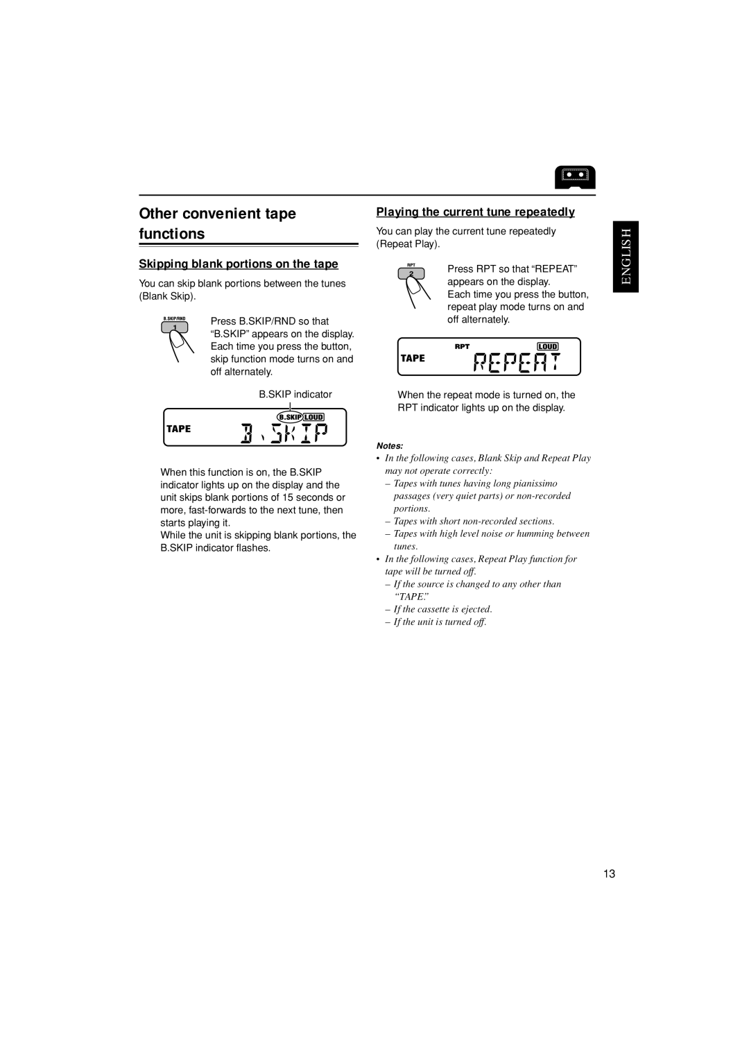 JVC KW-XC888 Other convenient tape functions, Skipping blank portions on the tape, Playing the current tune repeatedly 