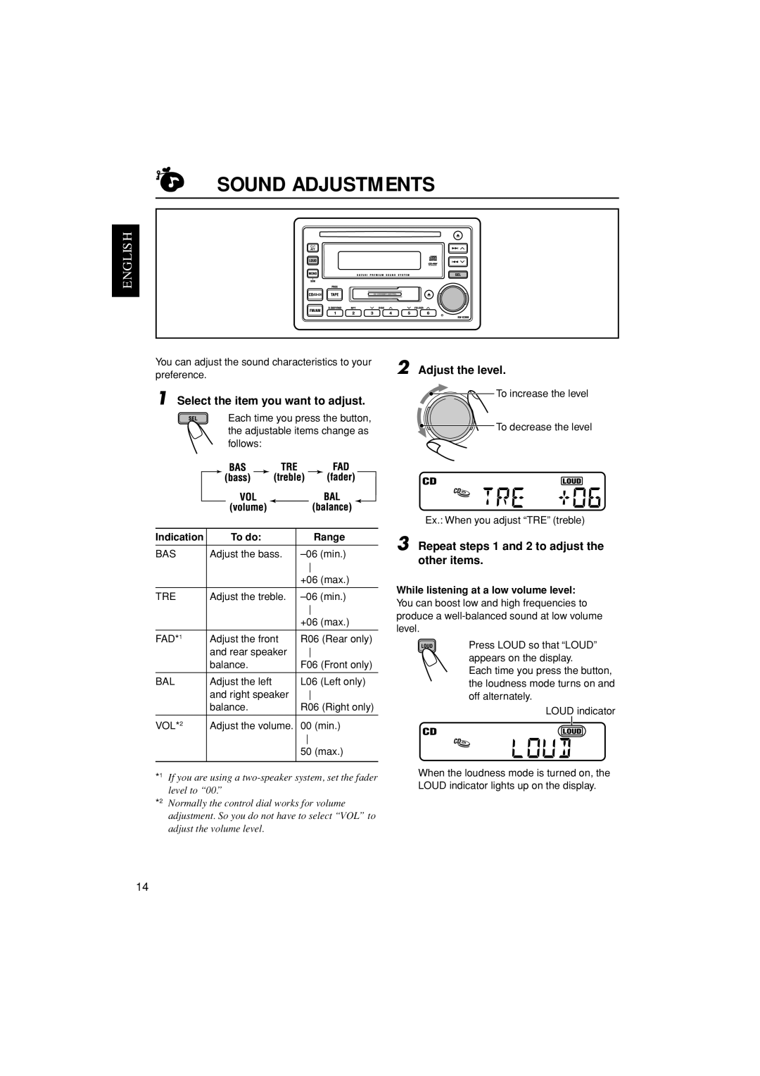 JVC LVT1139-002A, KW-XC888 manual Sound Adjustments, Select the item you want to adjust, Adjust the level 