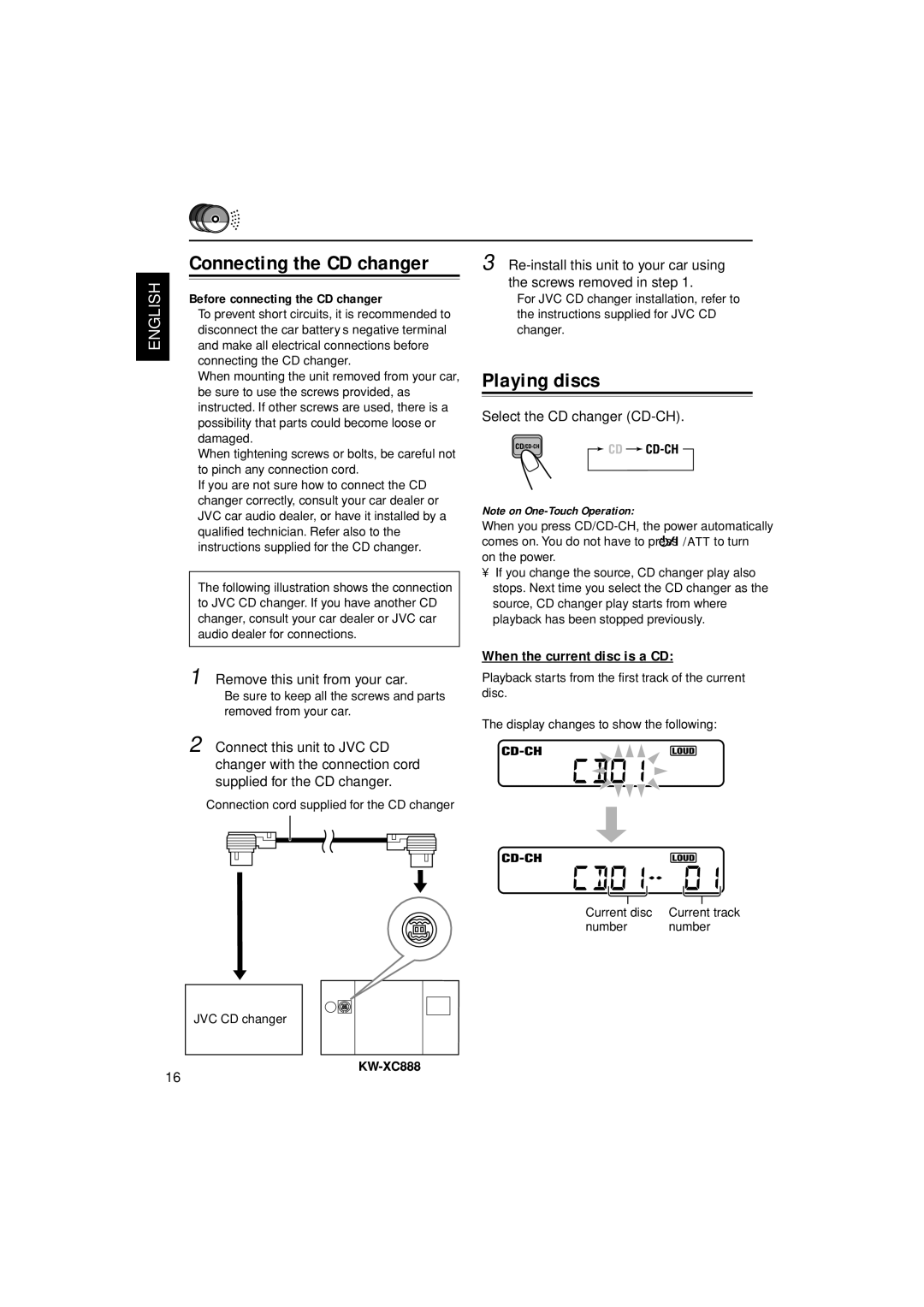 JVC LVT1139-002A, KW-XC888 manual Playing discs, When the current disc is a CD, Before connecting the CD changer 