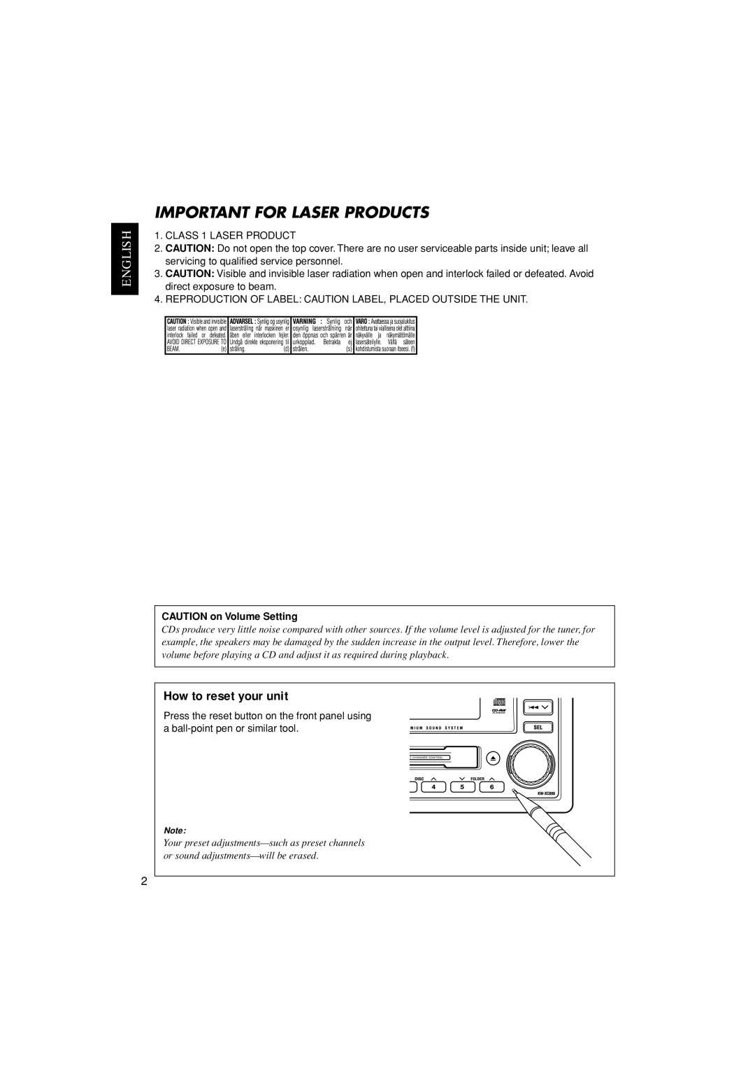 JVC LVT1139-002A, KW-XC888 manual Important for Laser Products, How to reset your unit 